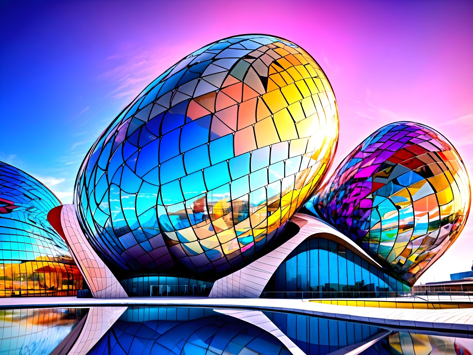 Futuristic Oval-Shaped Buildings with Colorful Glass