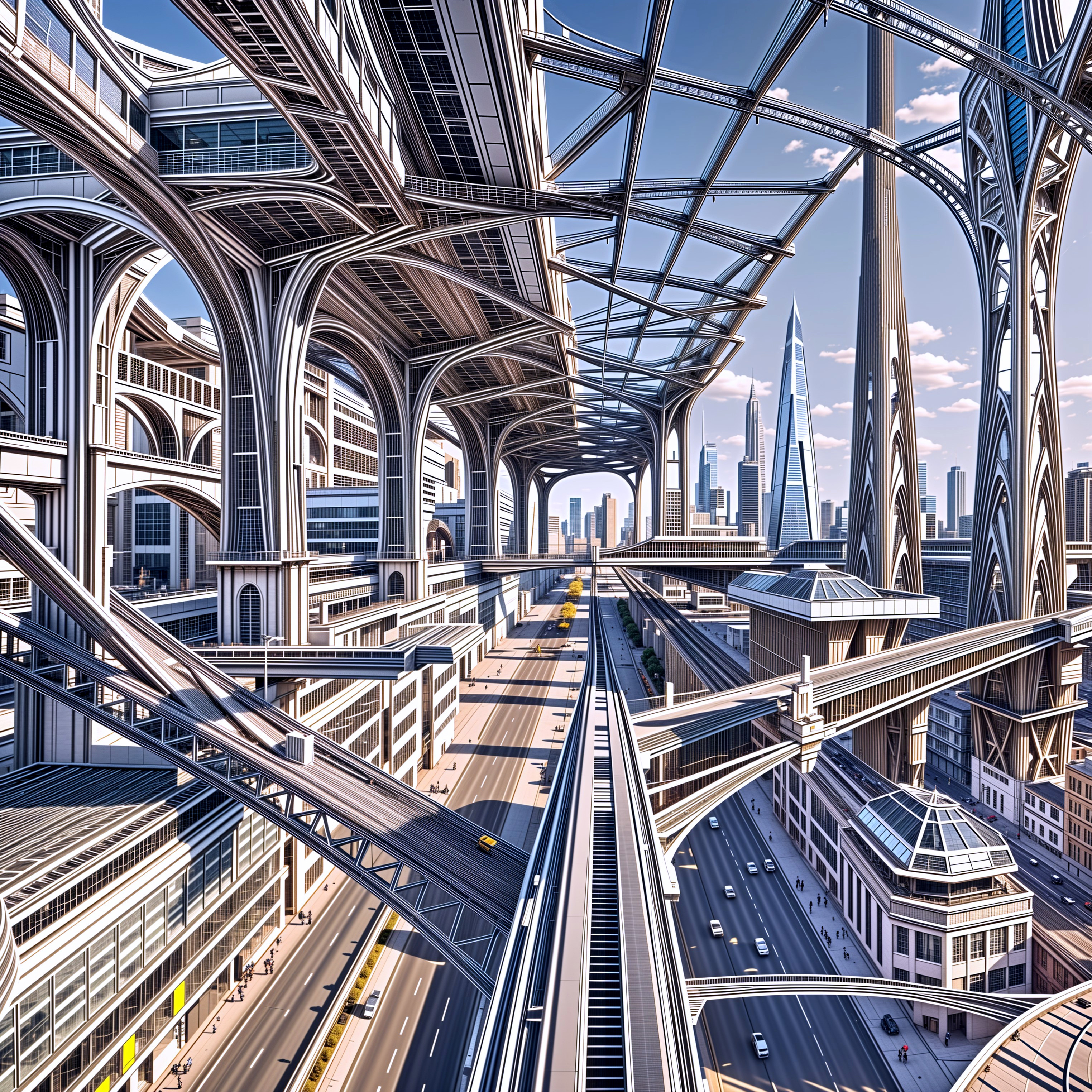 Futuristic Cityscape with Elevated Transportation Systems