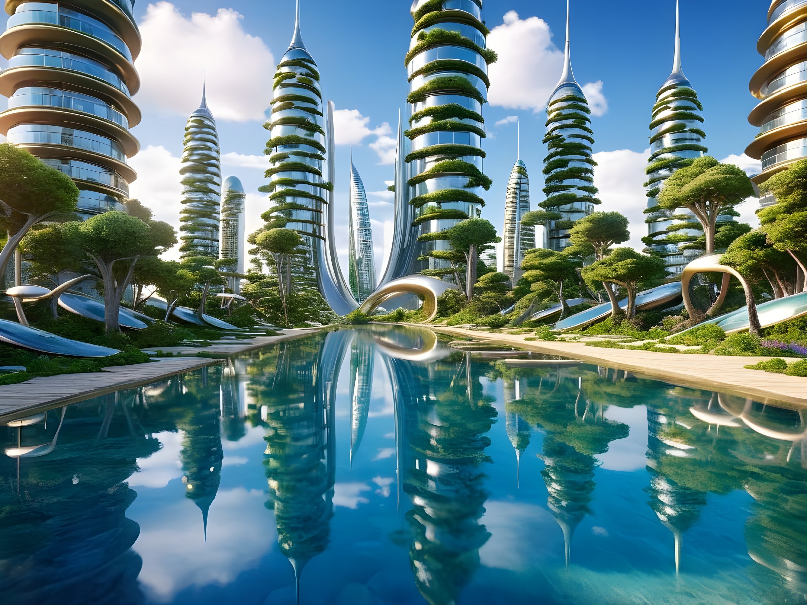 Futuristic cityscape with skyscrapers and greenery