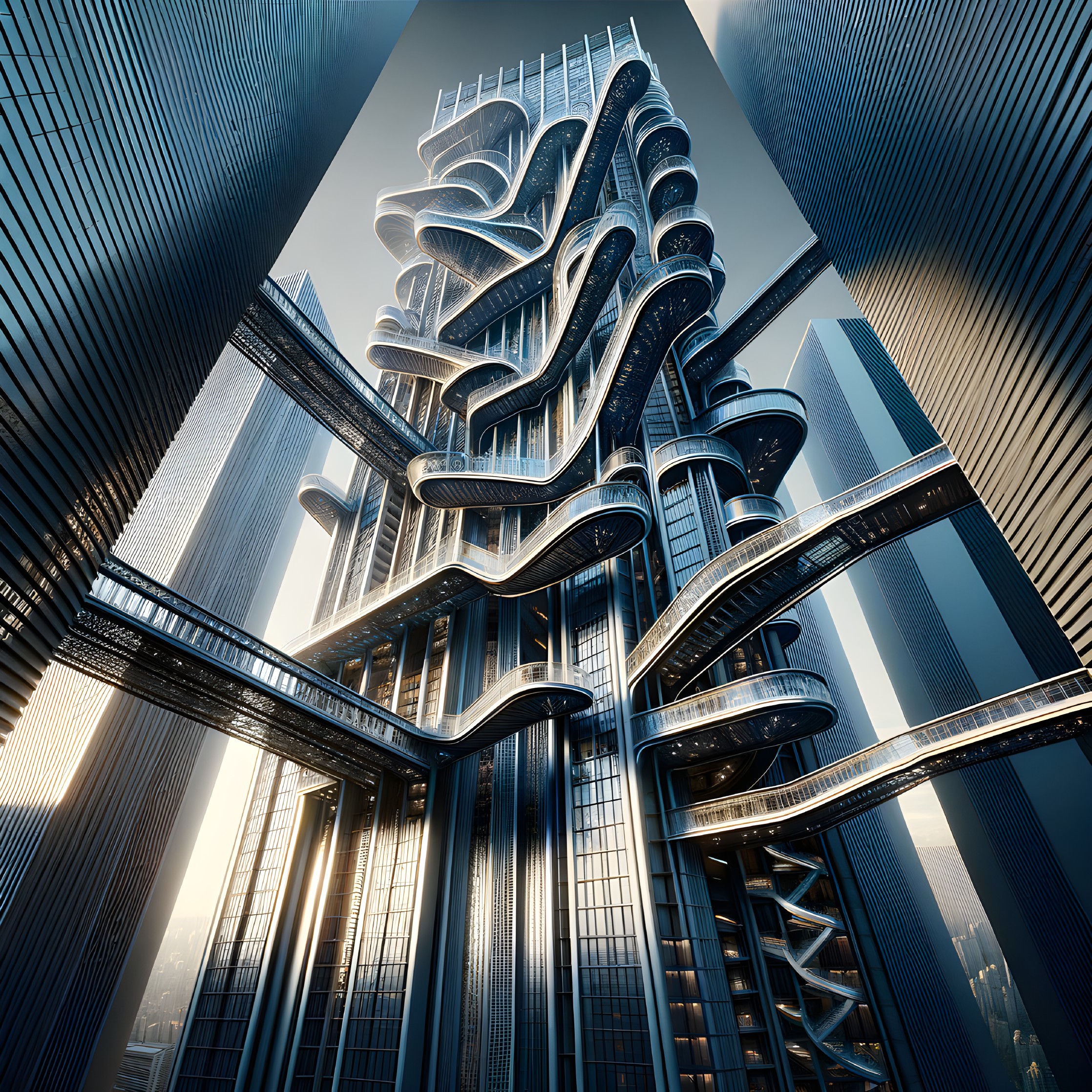 Futuristic skyscraper with intertwining pathways and designs