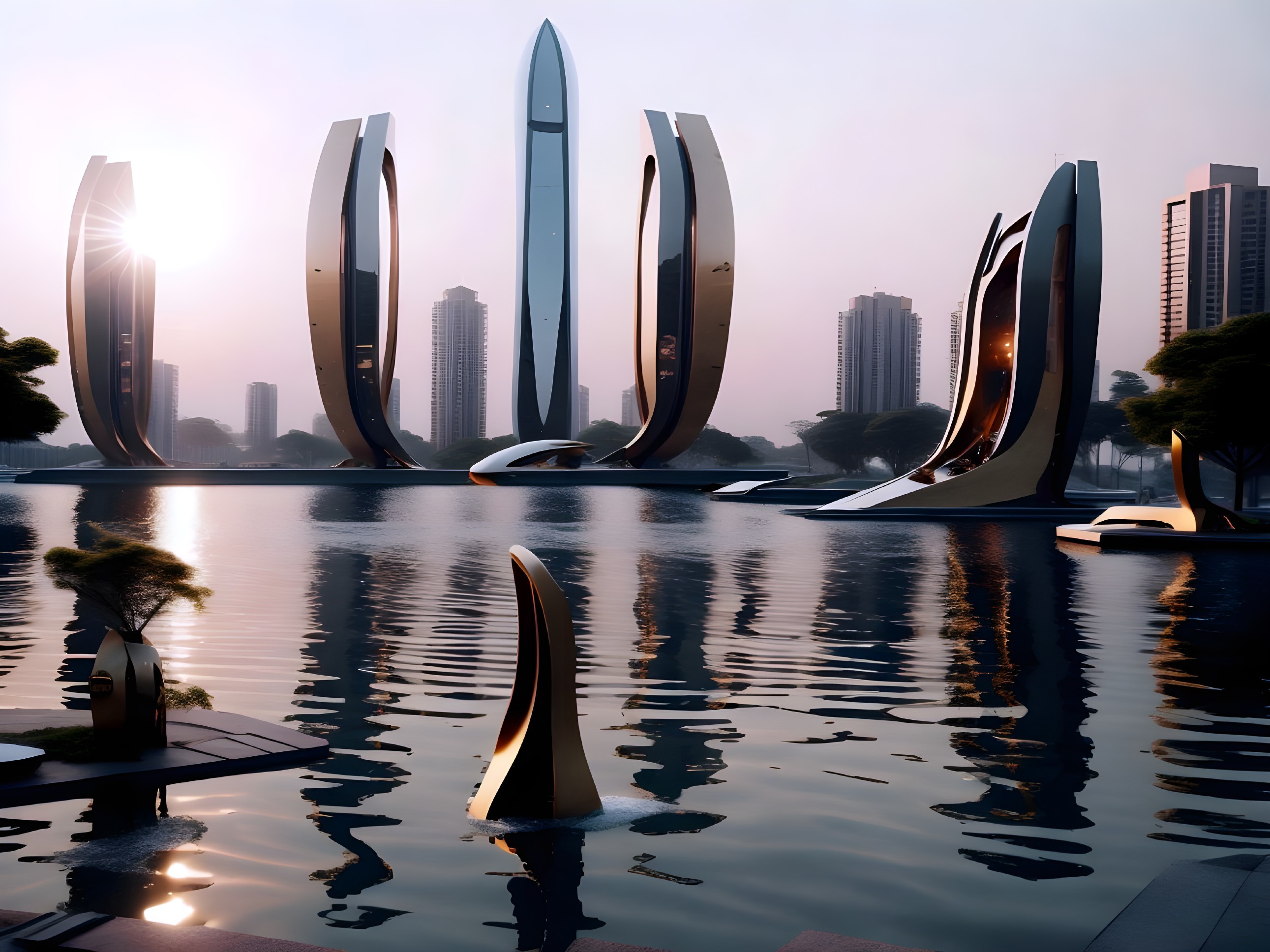 Futuristic cityscape at dawn with sleek architecture
