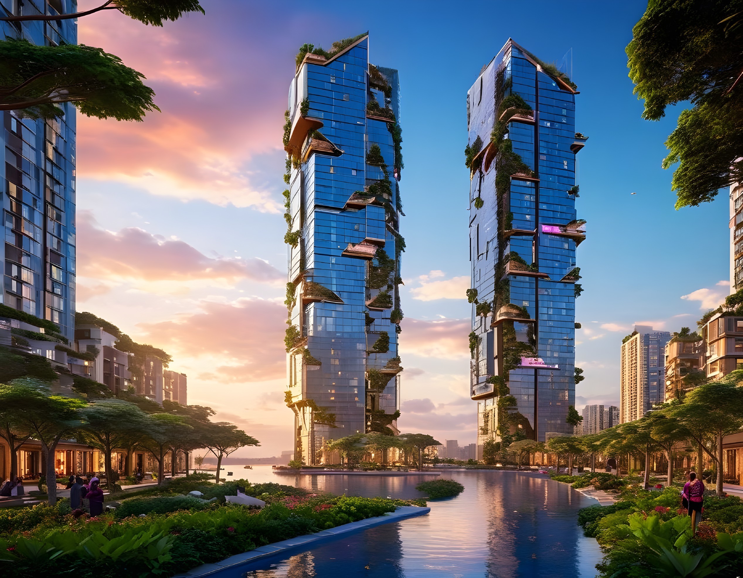 Modern Skyscrapers with Green Terraces at Sunset