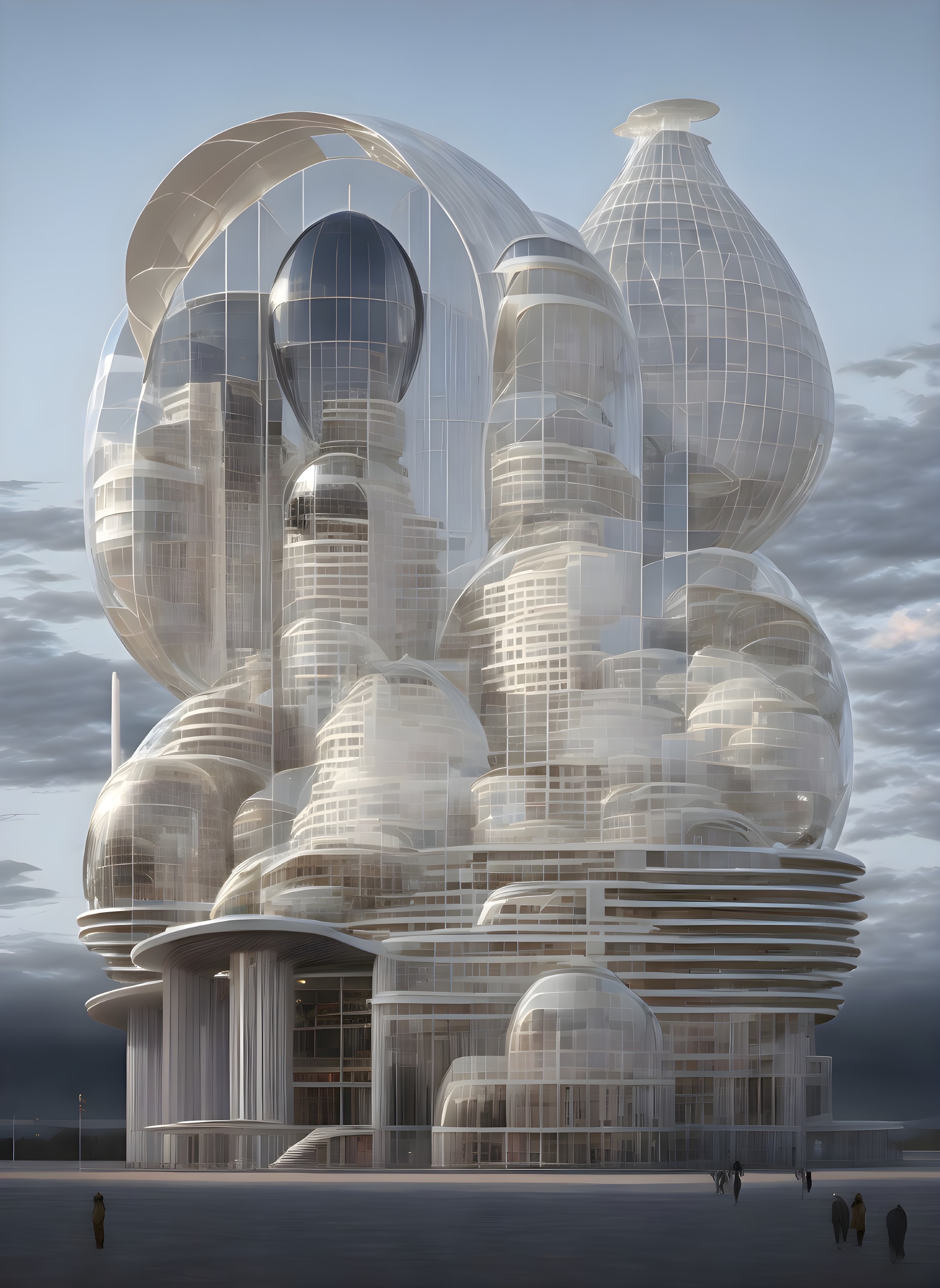 Futuristic layered glass building against moody sky with tiny figures.