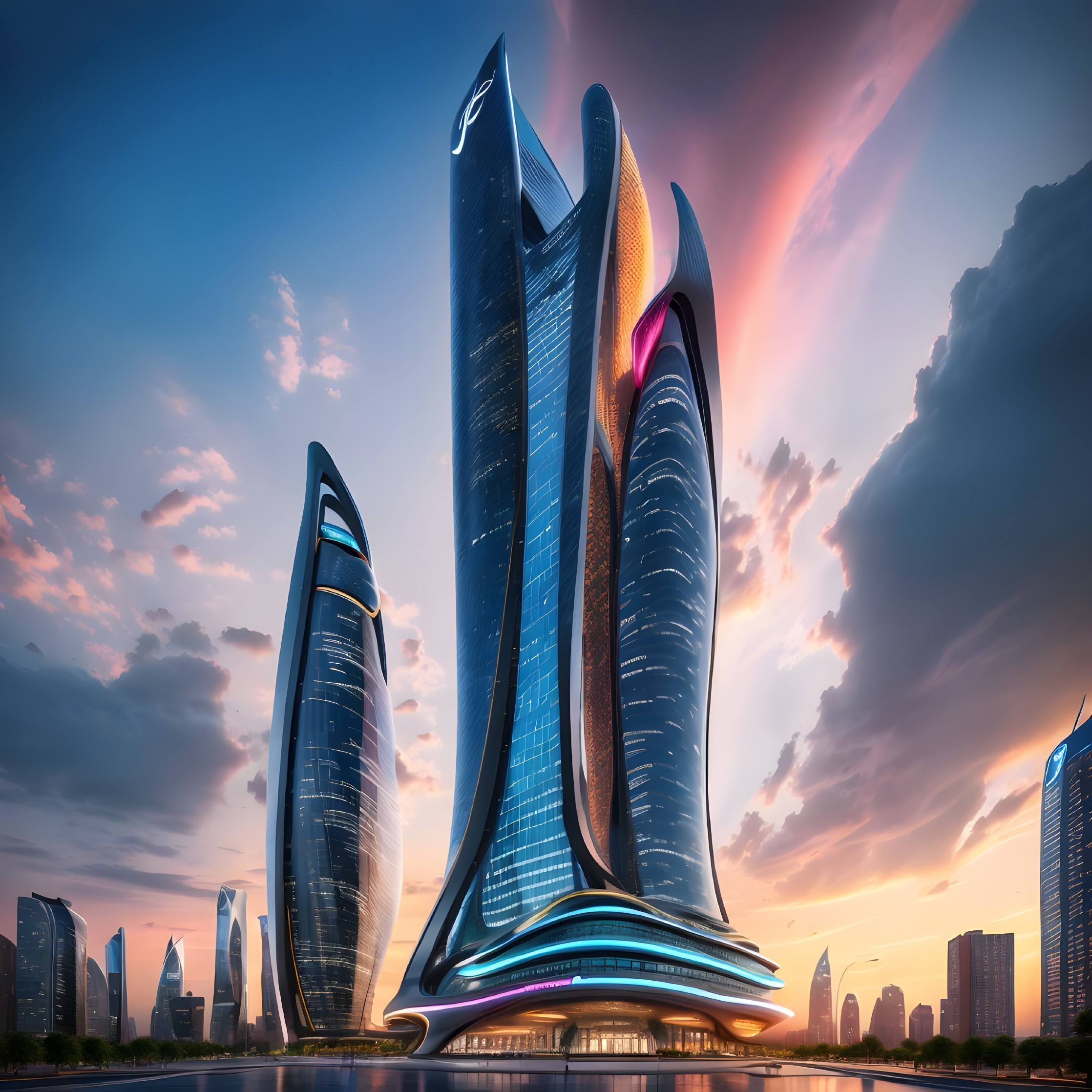 Futuristic cityscape with modern skyscrapers and sunset