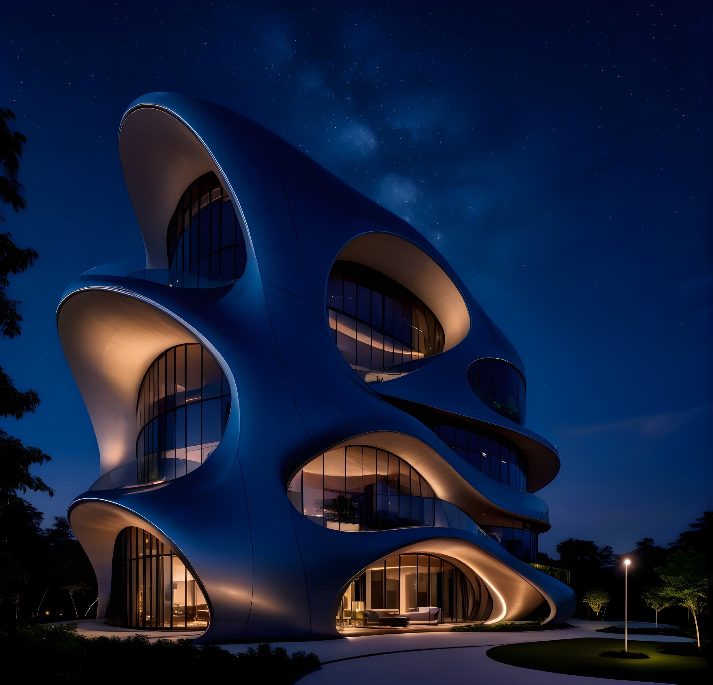 Modern Building with Sculptural Design and Glass Facade