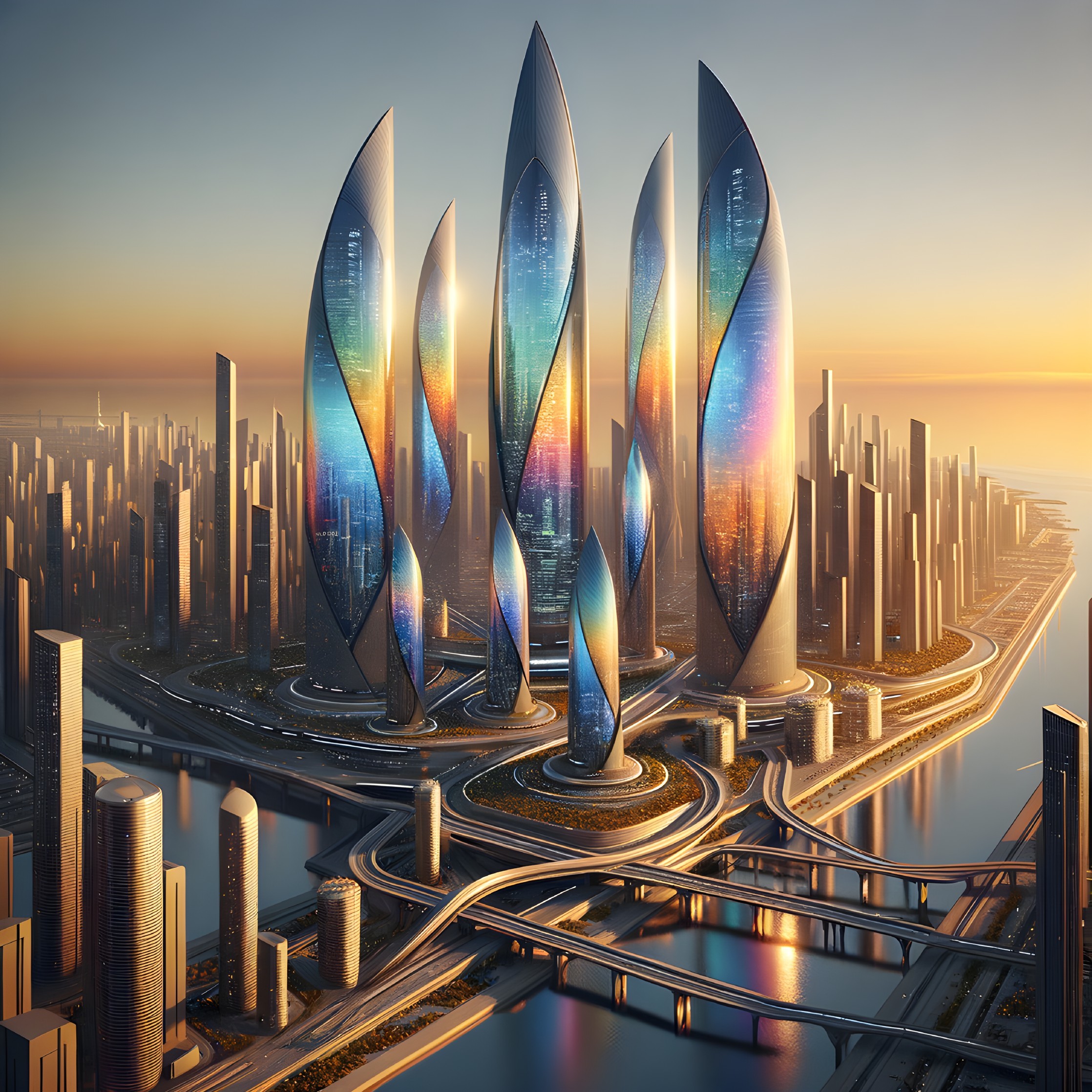 Futuristic cityscape with sleek skyscrapers and waterways