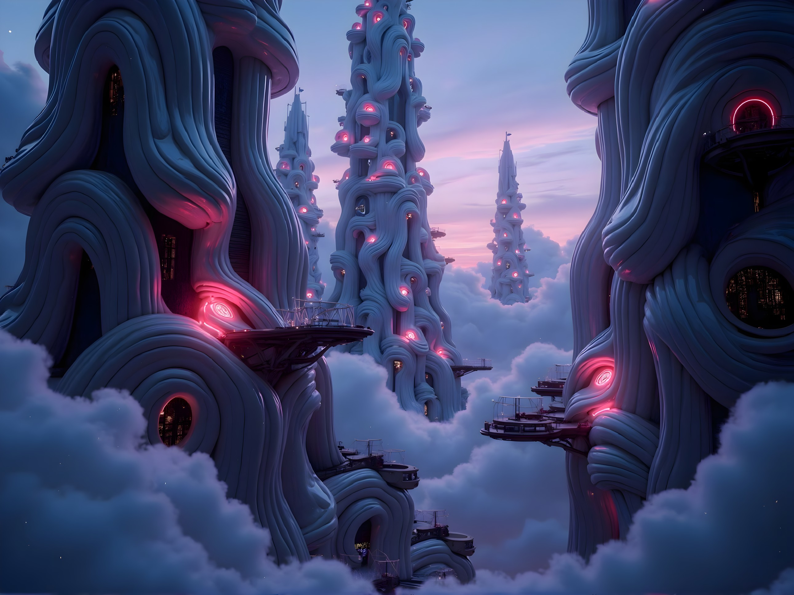 Surreal Landscape with Twisted Towers and Dreamlike Hues