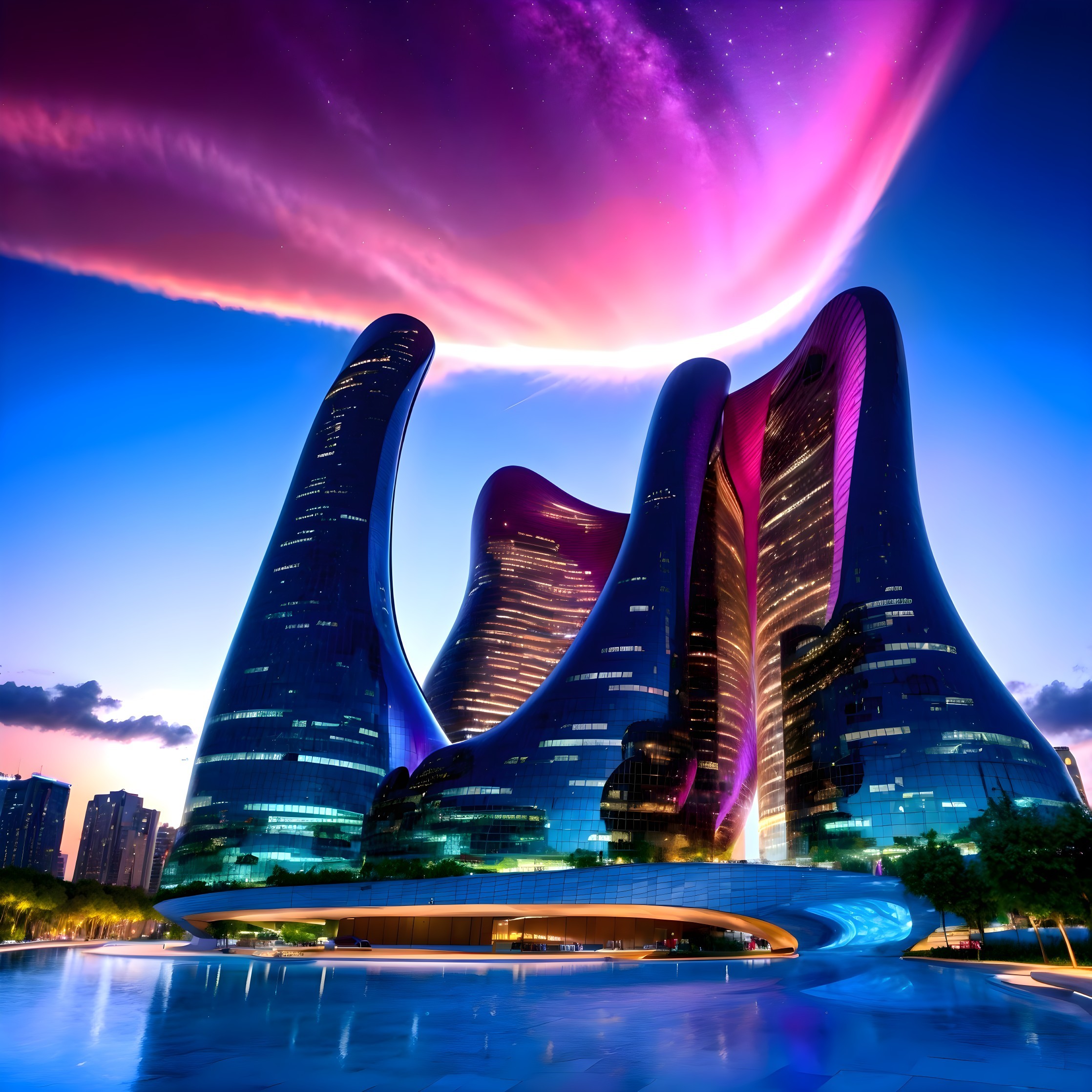 Futuristic skyline with curving skyscrapers at dusk