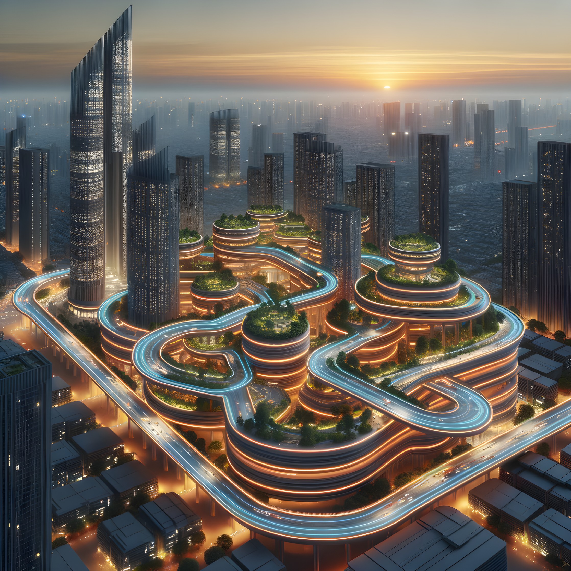 Futuristic Cityscape at Dusk with Elevated Roads
