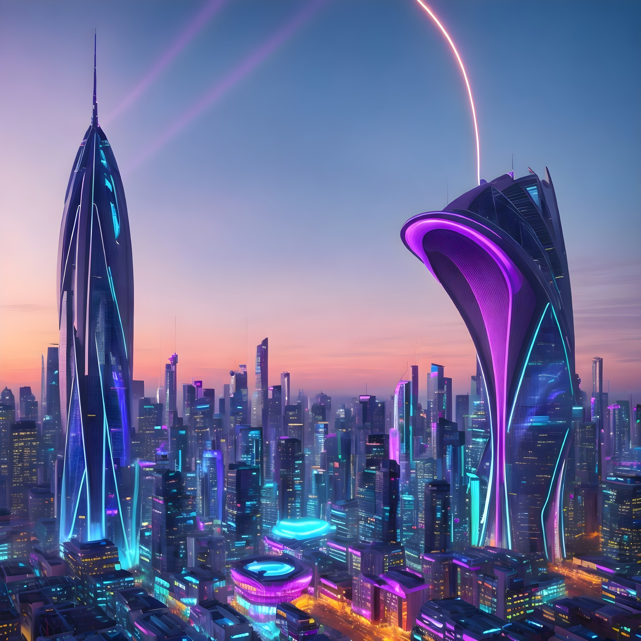 Futuristic Cityscape at Dusk with Neon Illumination