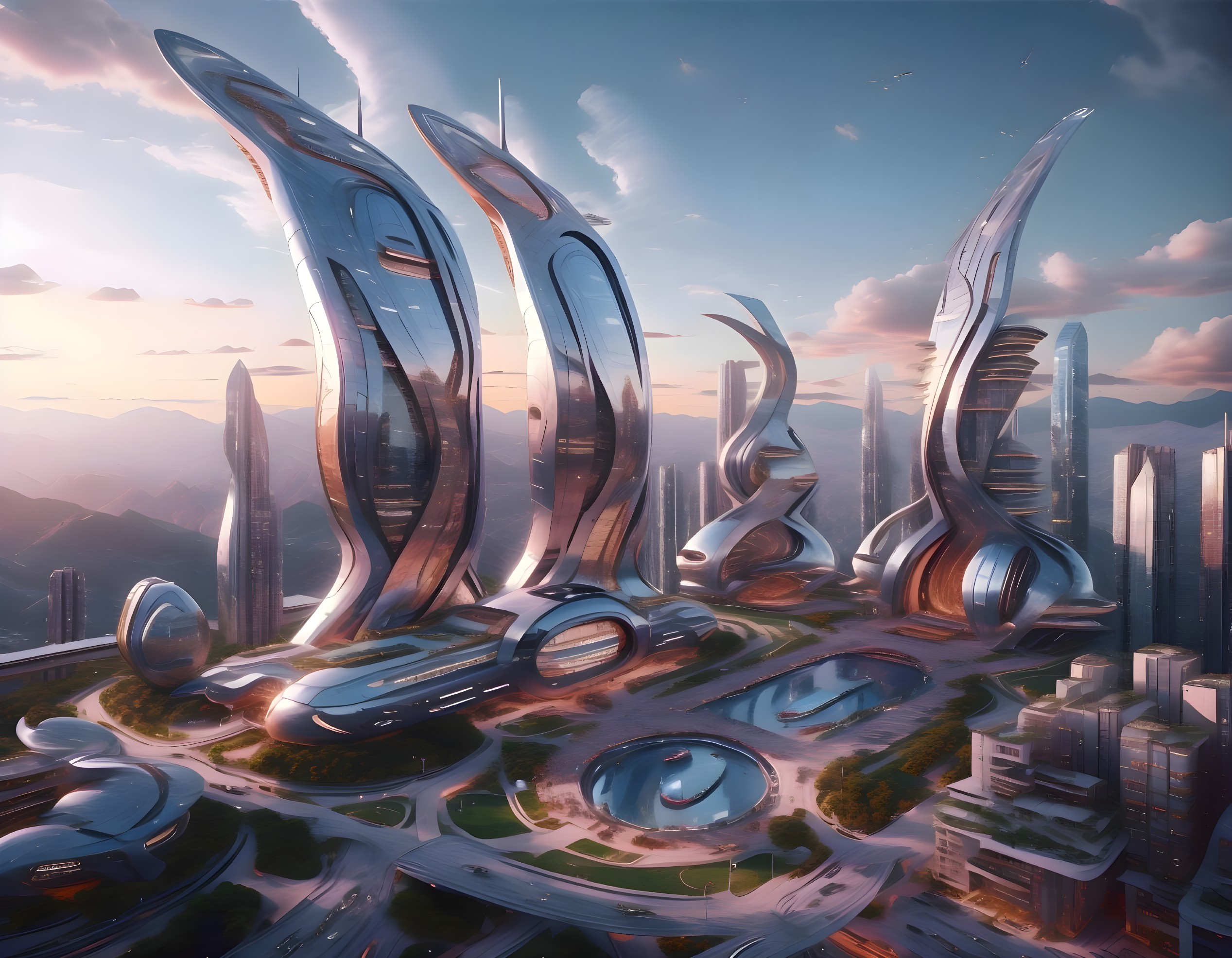 Futuristic cityscape with sleek skyscrapers and parks