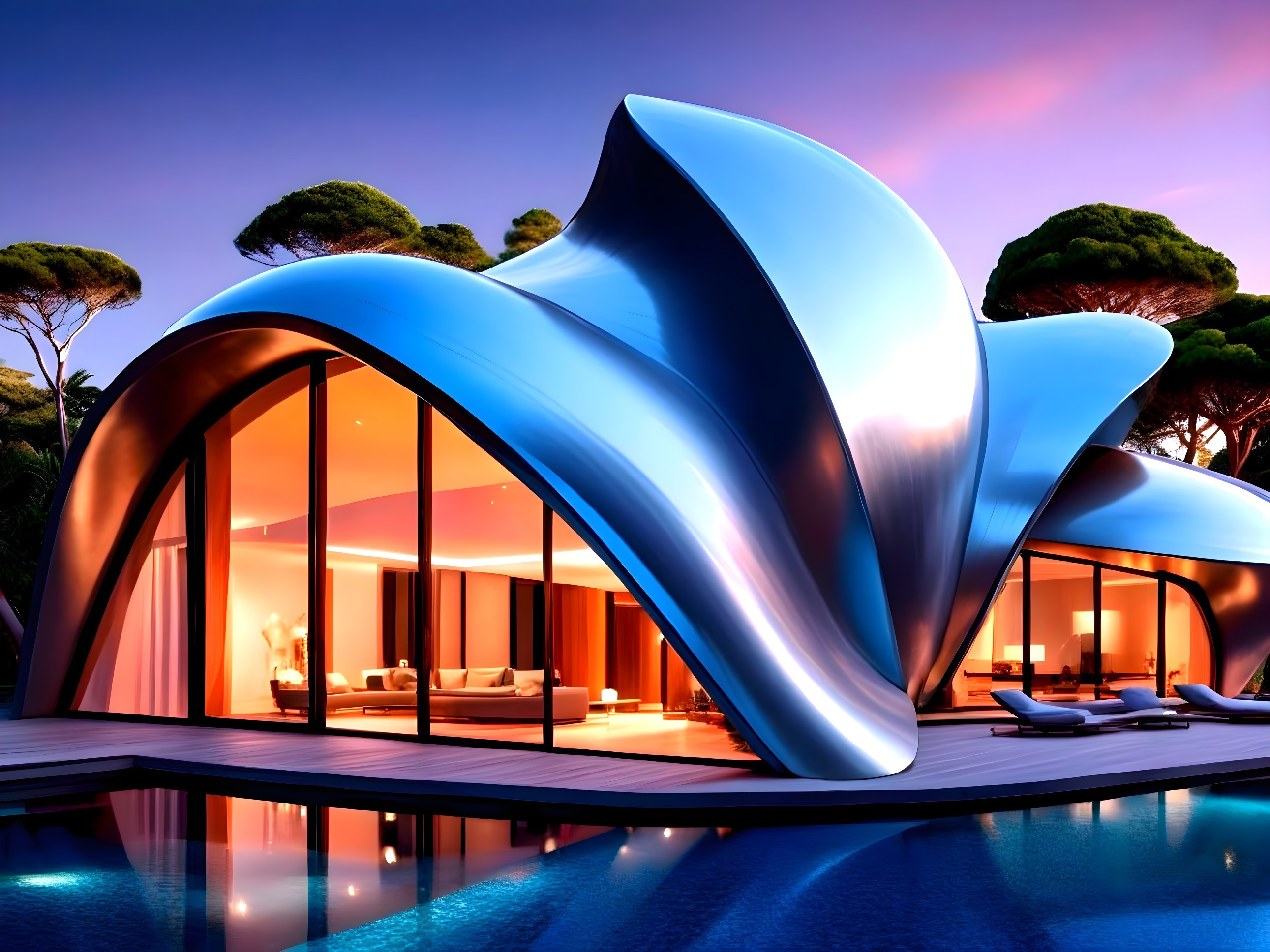 Modern Architecture with Metallic Curves and Glass Windows