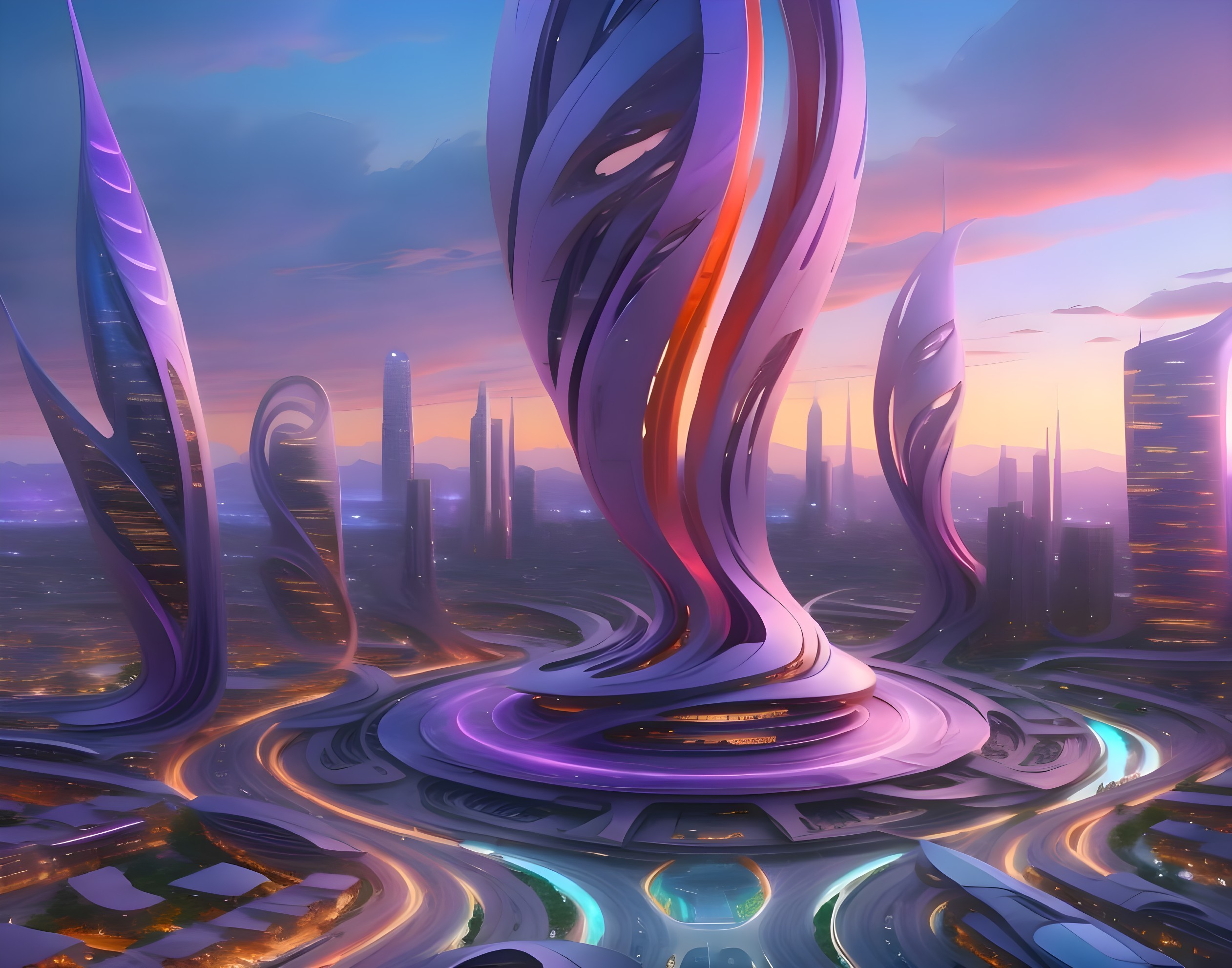 Futuristic cityscape with metallic structures and sunset