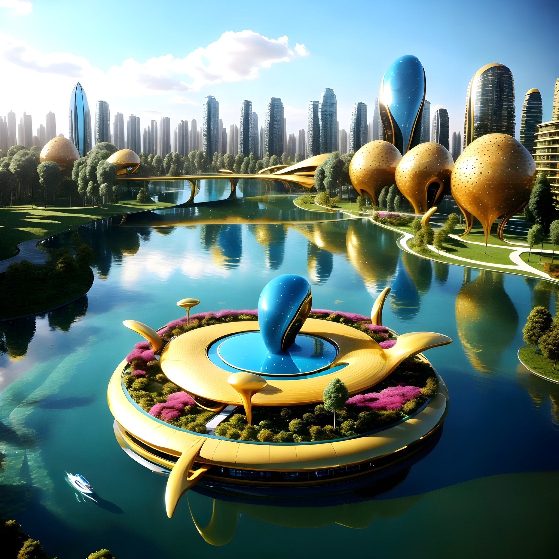 Futuristic Cityscape with Skyscrapers and Gardens