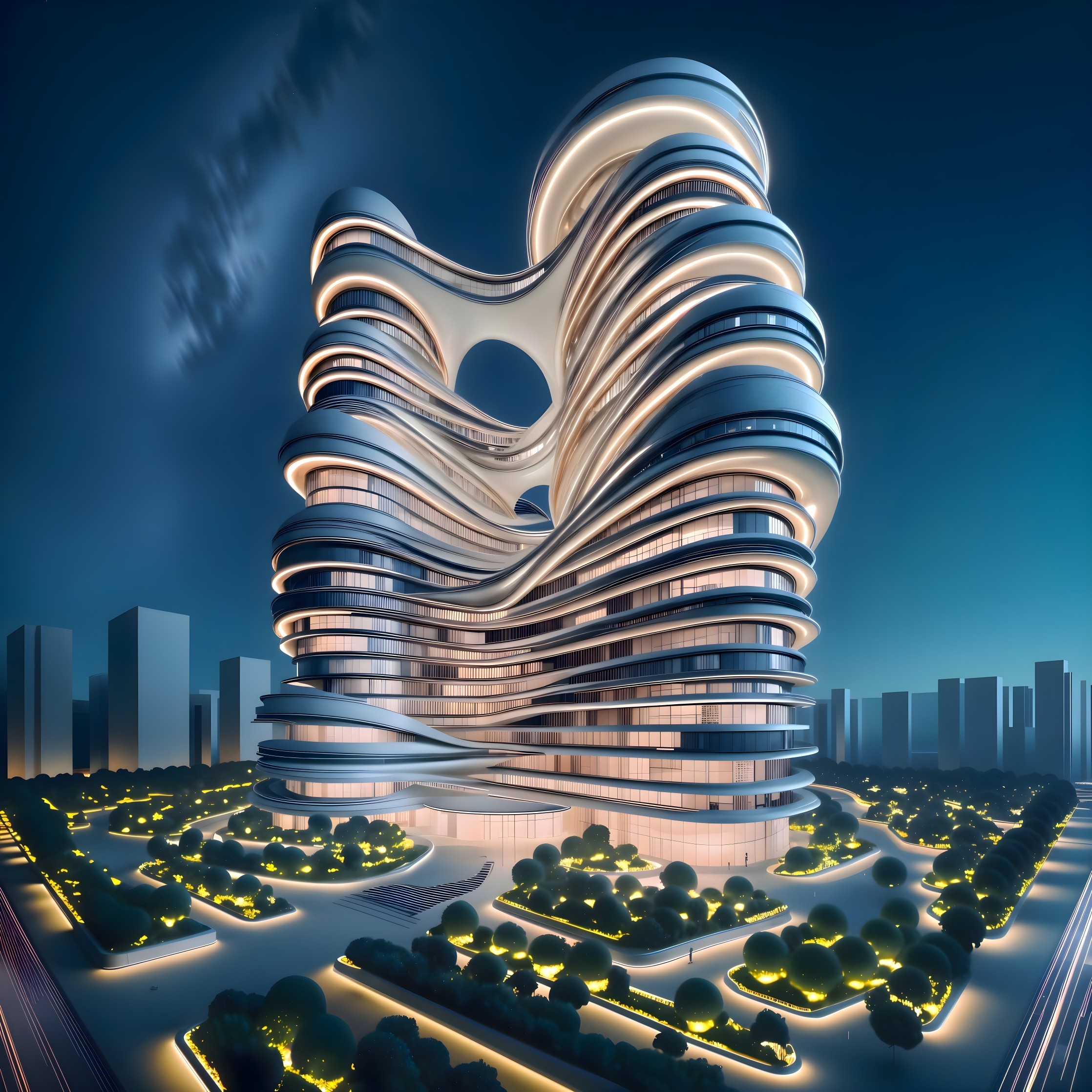 Modern Building with Organic Architecture and Night Illumination