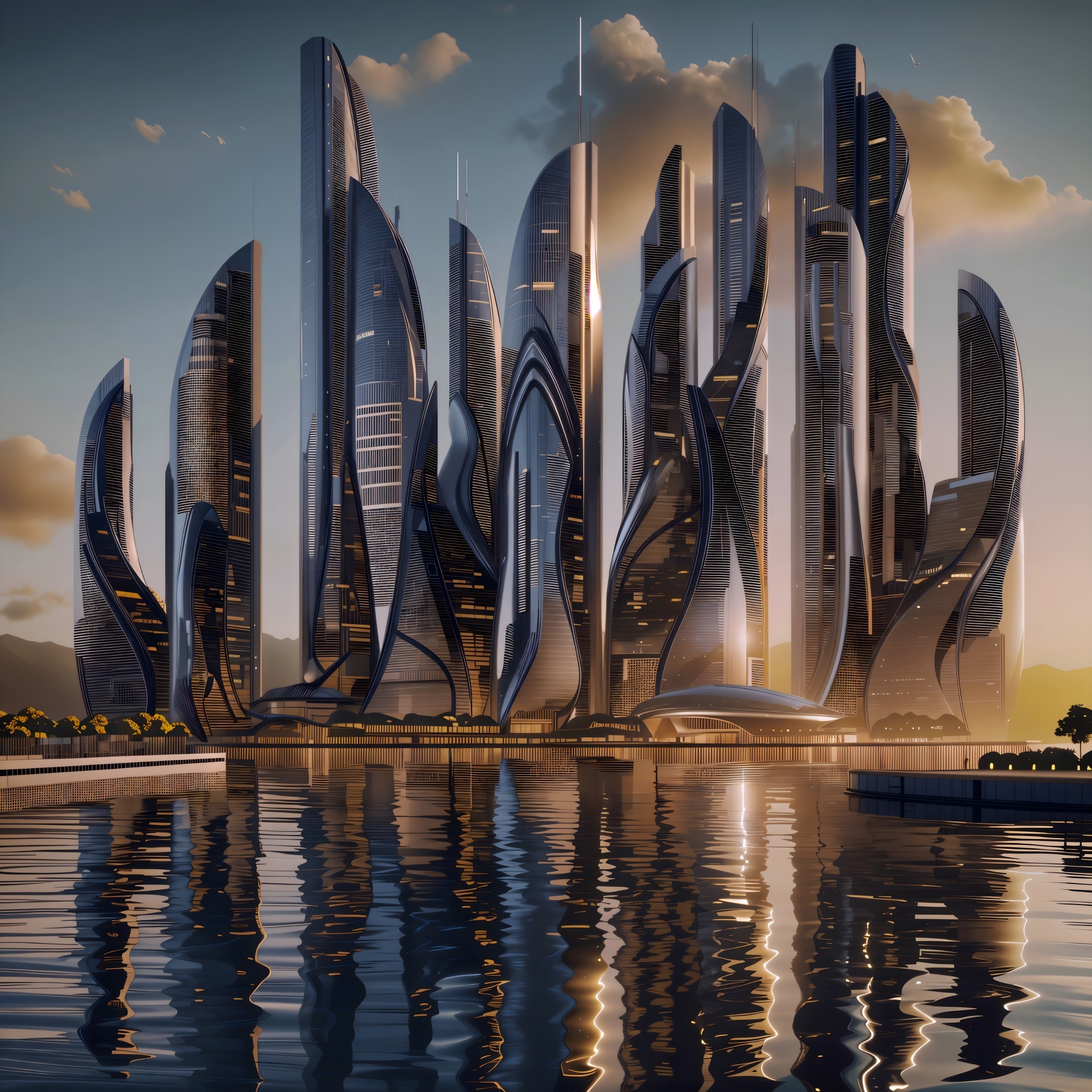 Futuristic cityscape with sleek skyscrapers by water
