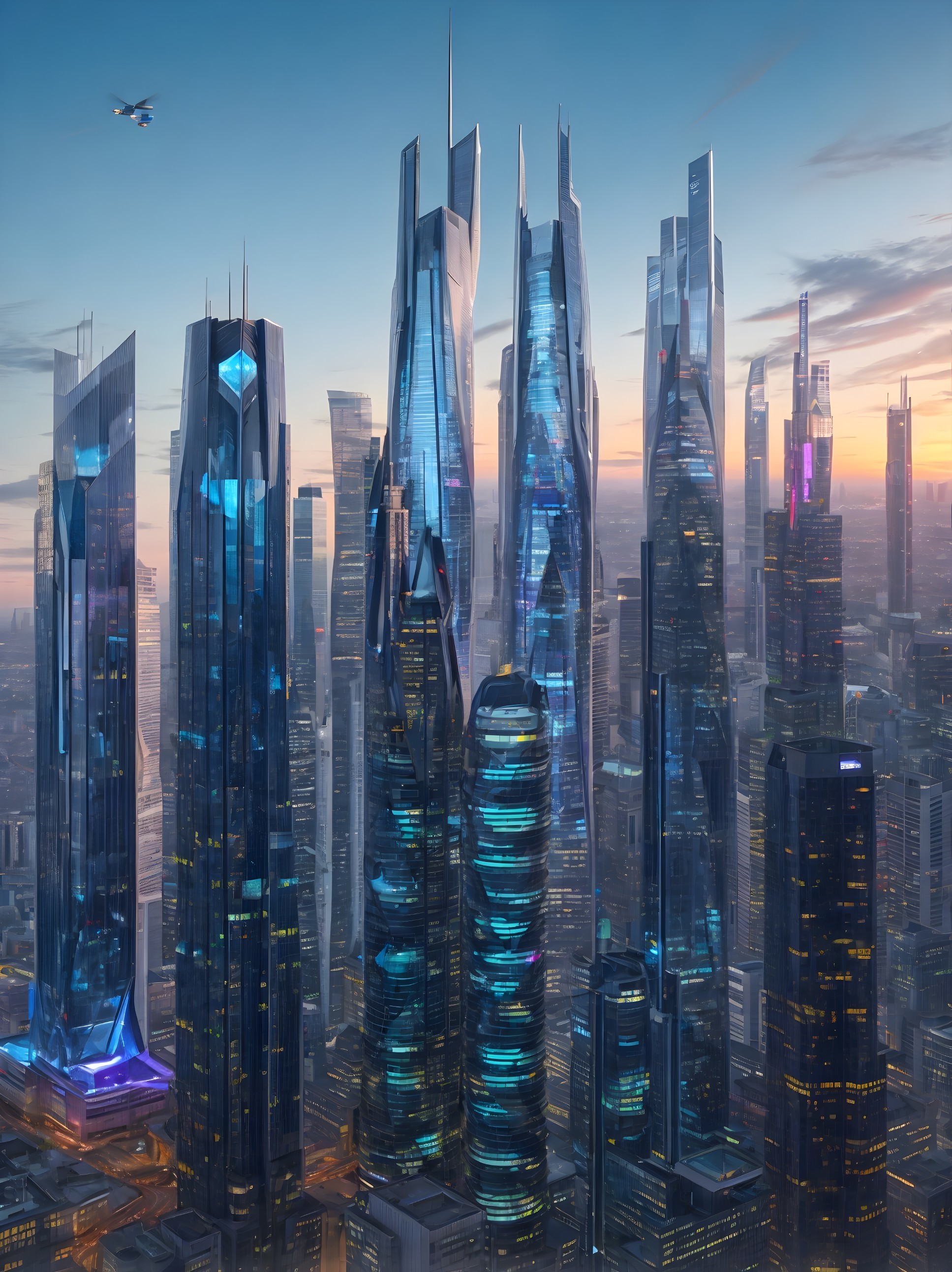 Futuristic skyline with sleek skyscrapers and drones