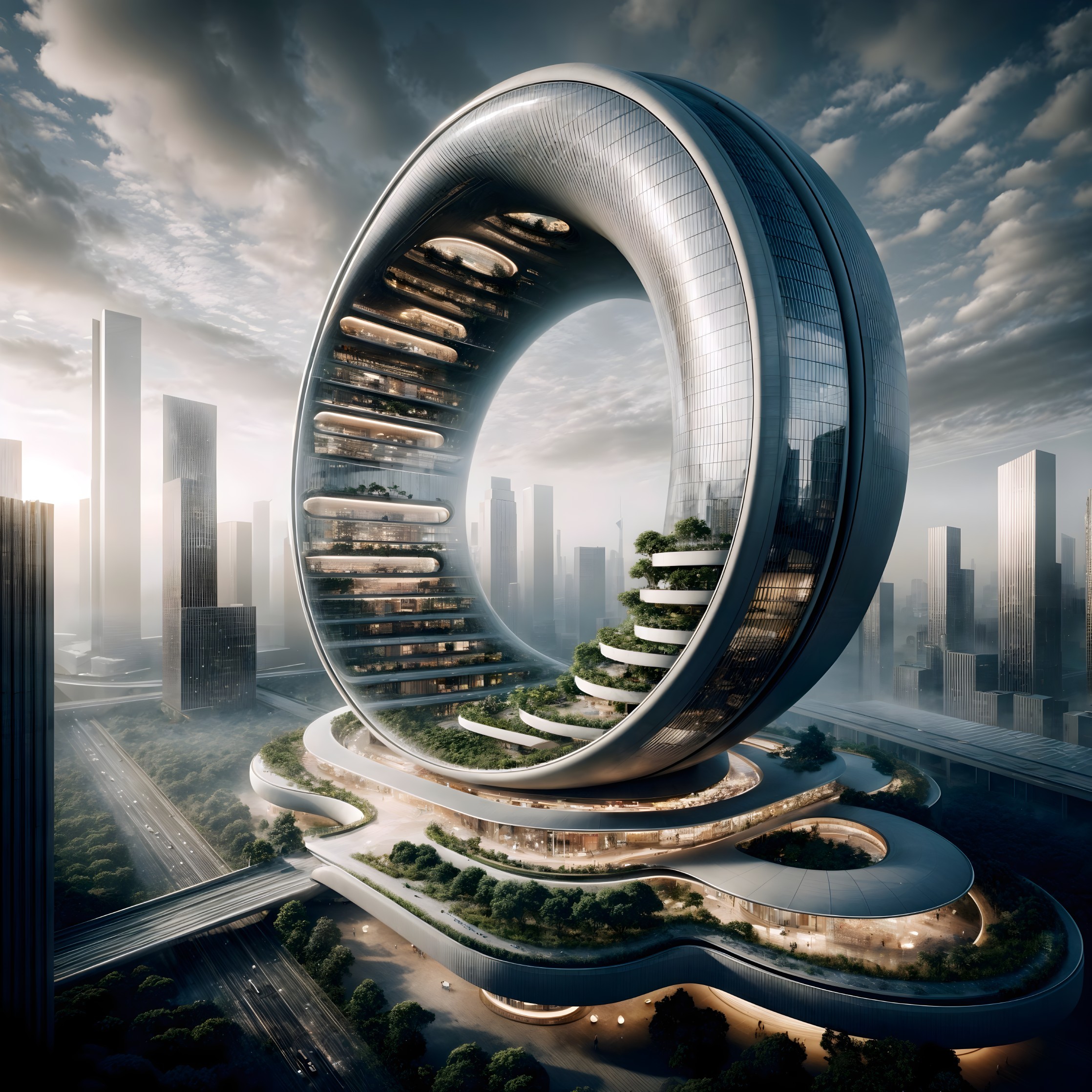 Futuristic Skyscraper with Ring-Shaped Design and Greenery