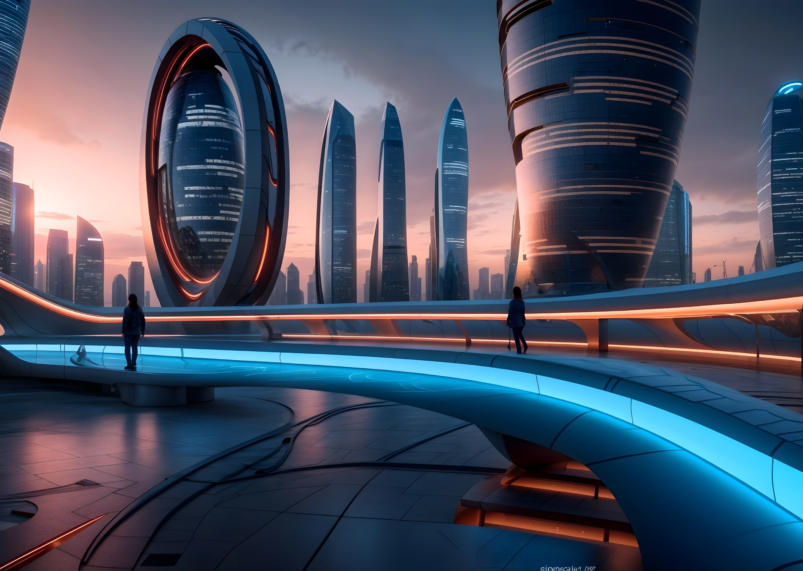 Futuristic cityscape at dusk with illuminated walkway