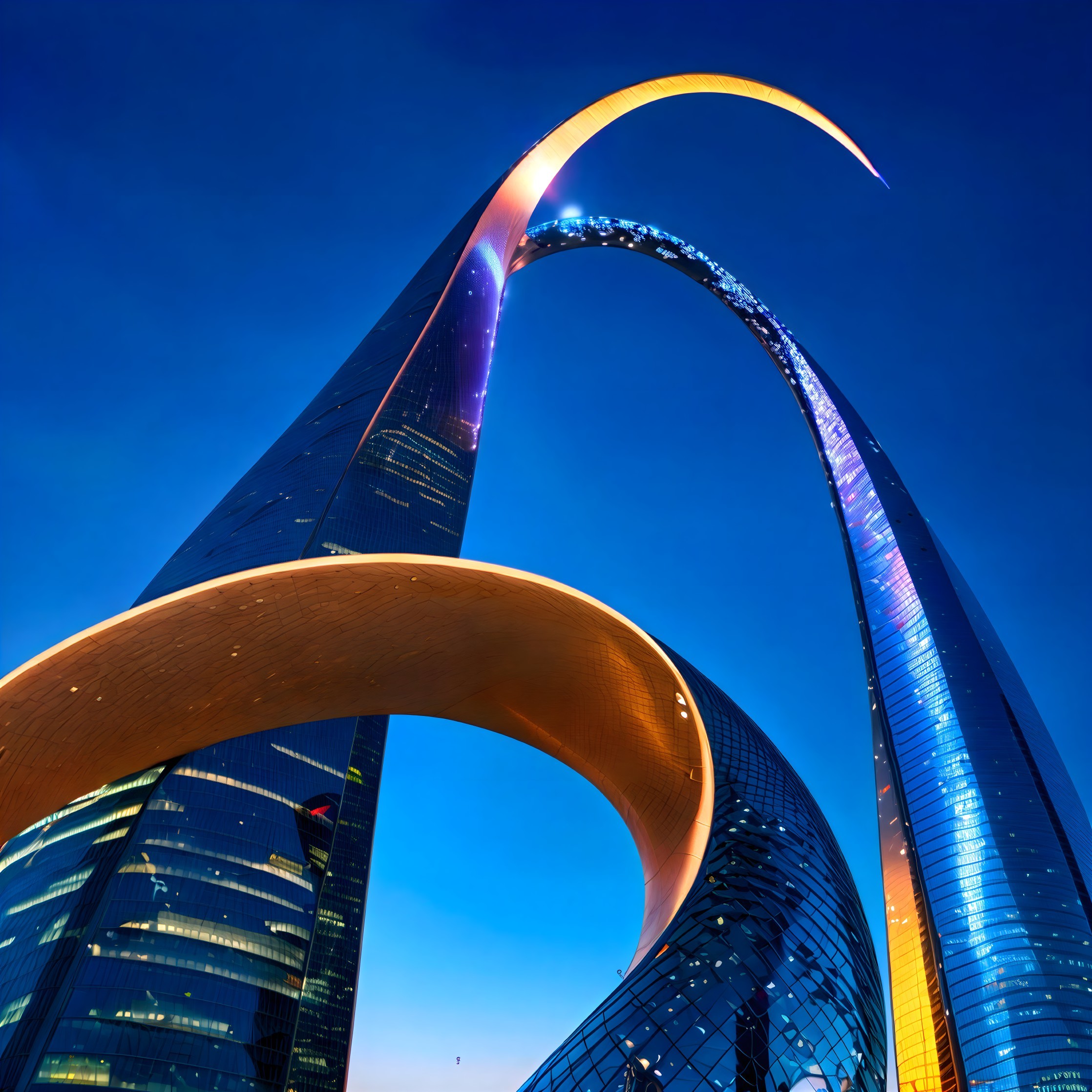 Skyscrapers with Curved Rooftops in Evening Sky
