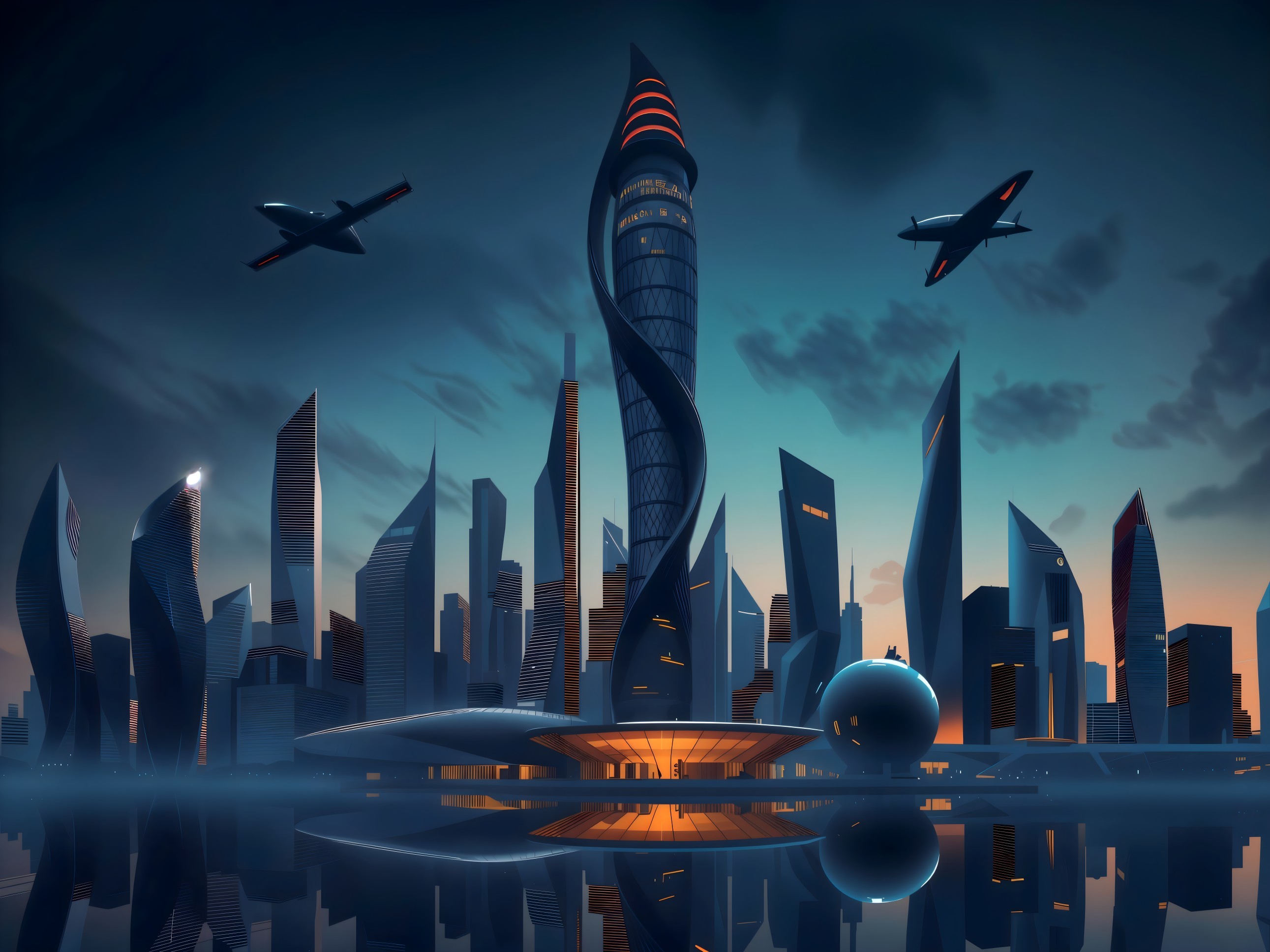 Futuristic City Skyline at Twilight with Unique Skyscrapers