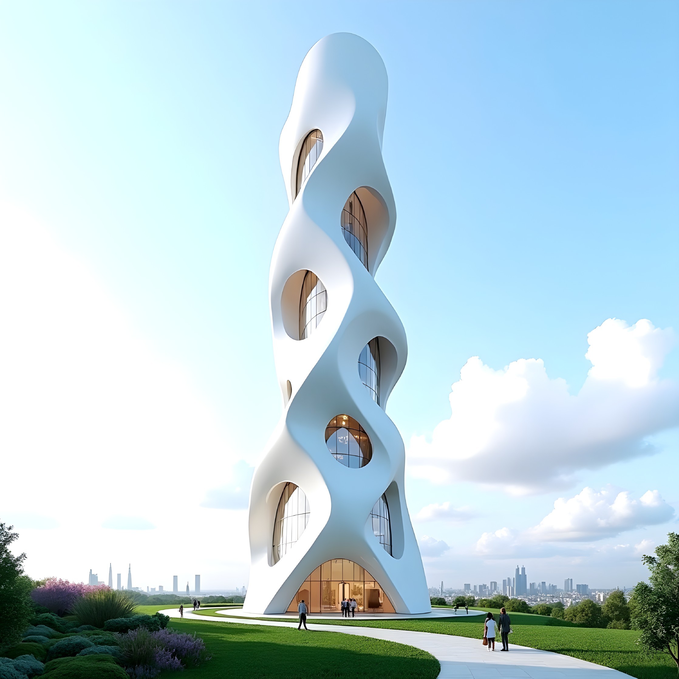 Twisting White Tower with Irregular Windows and Greenery