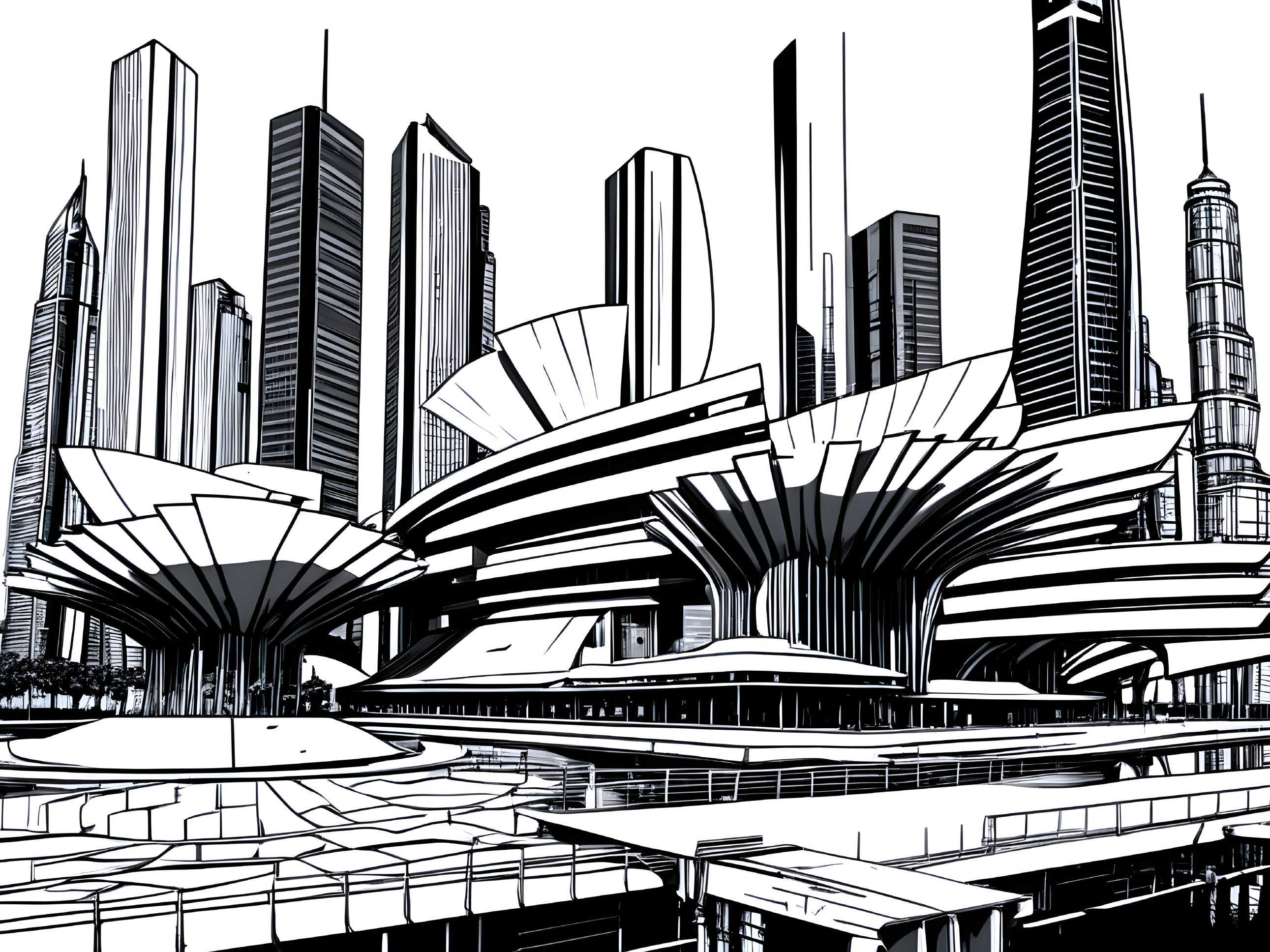 Futuristic Cityscape with Geometric Architectural Designs