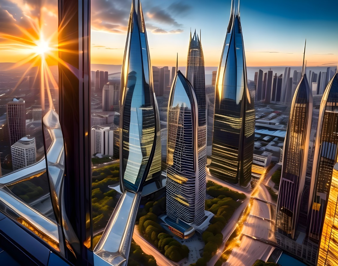 Futuristic Skyline with Glass Skyscrapers and Greenery