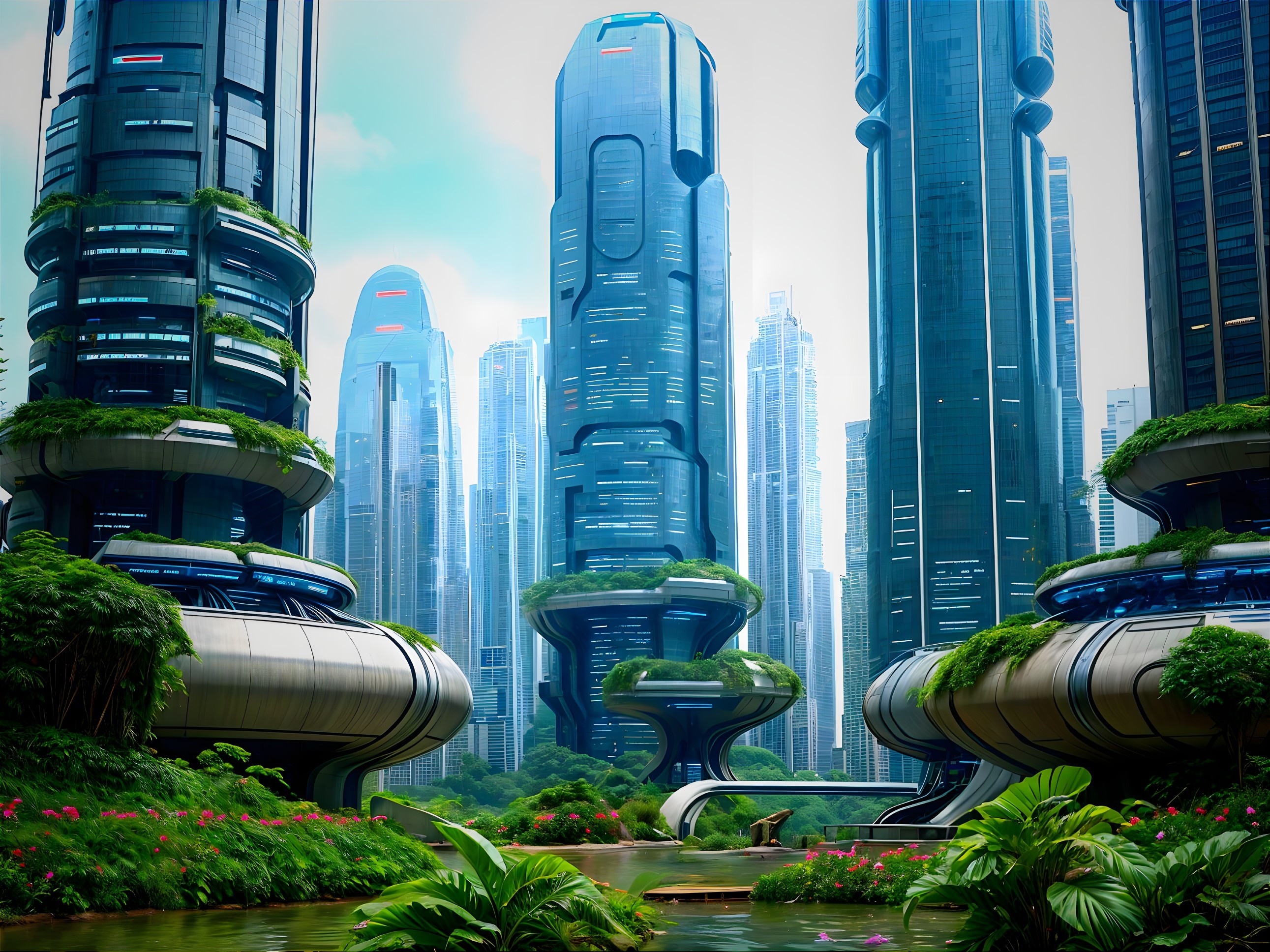 Futuristic cityscape with skyscrapers and greenery