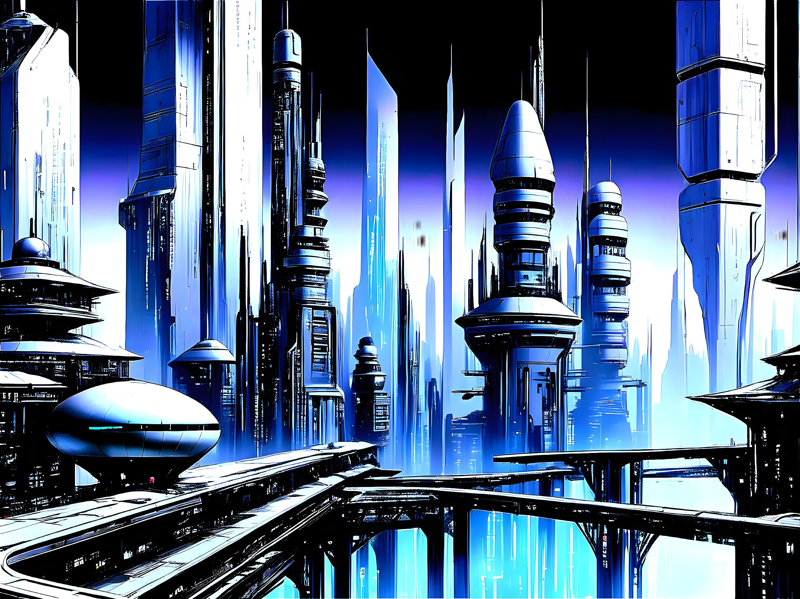 Futuristic cityscape with glass skyscrapers and walkways
