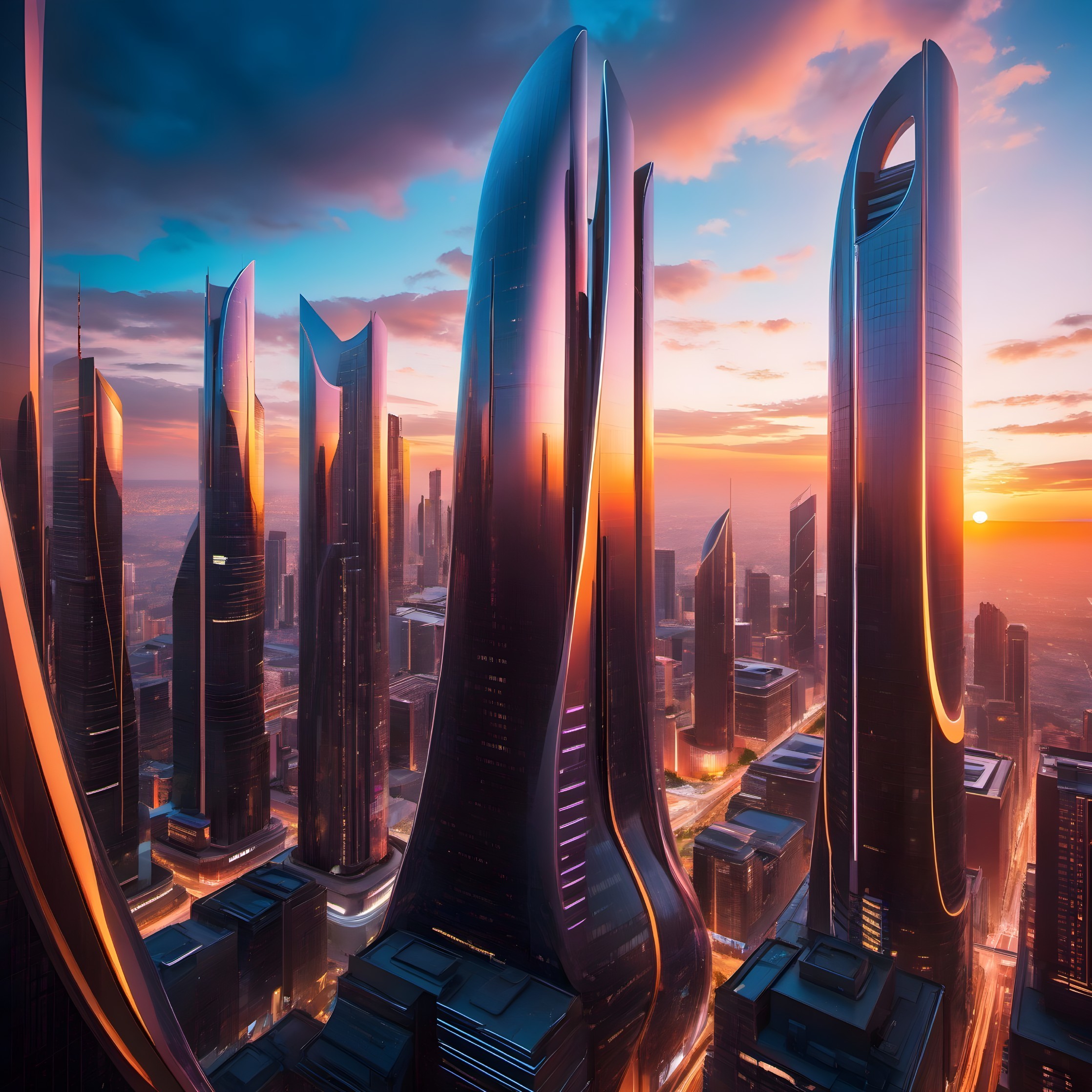 Futuristic Skyline at Sunset with Towering Skyscrapers