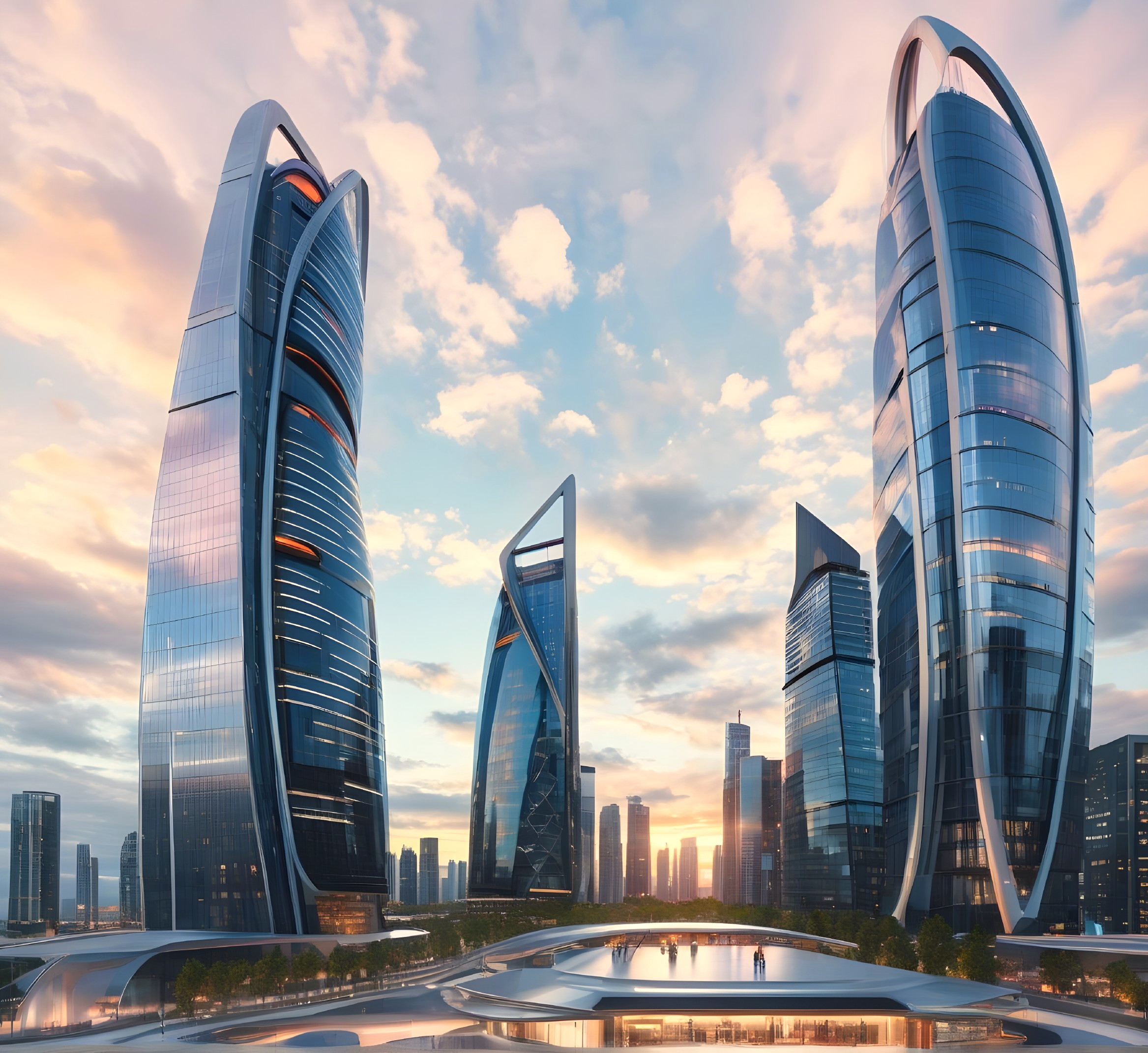 Futuristic City Skyline with Skyscrapers and Plaza