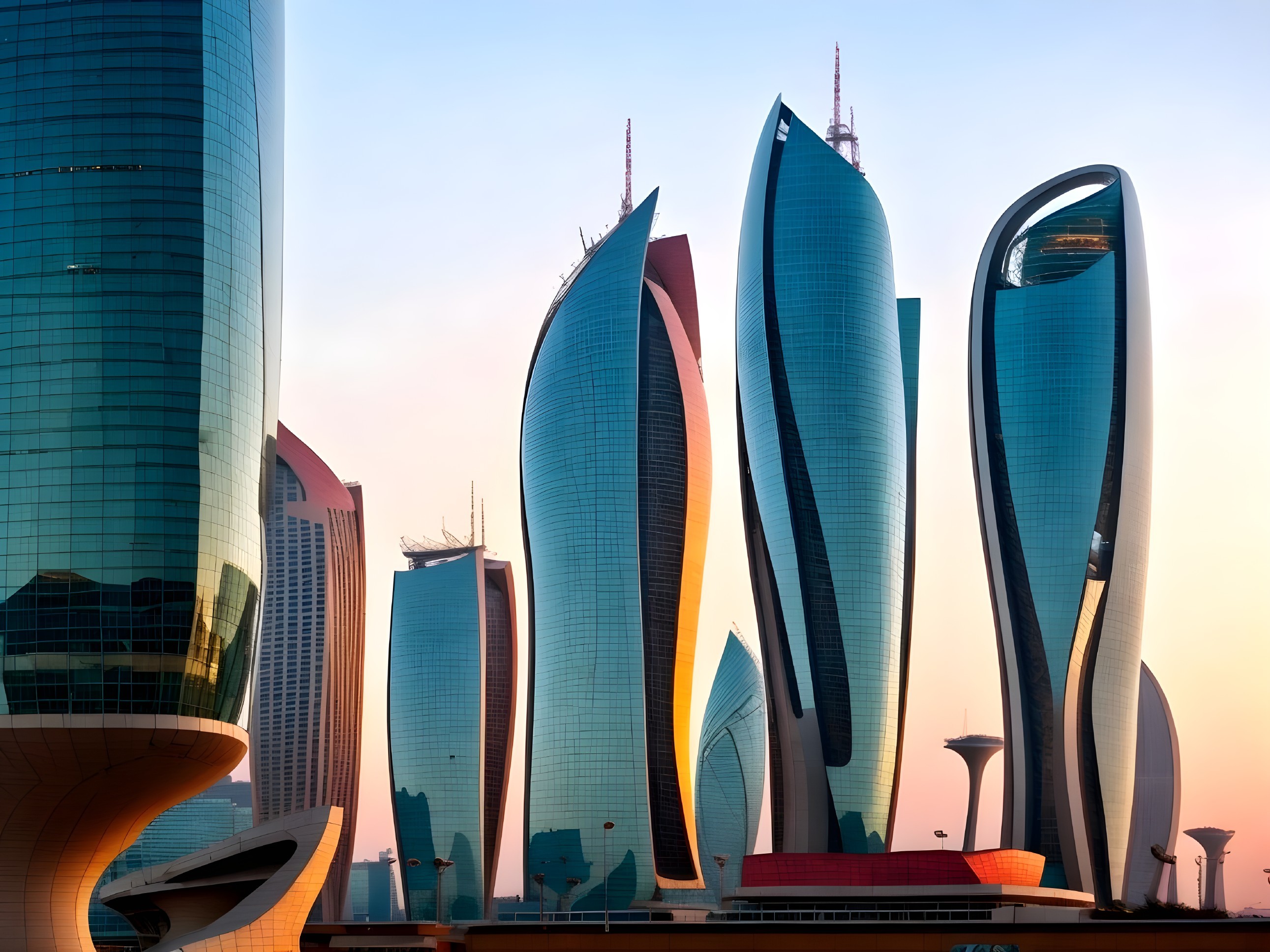 Modern Skyscrapers with Curvaceous Designs at Sunset