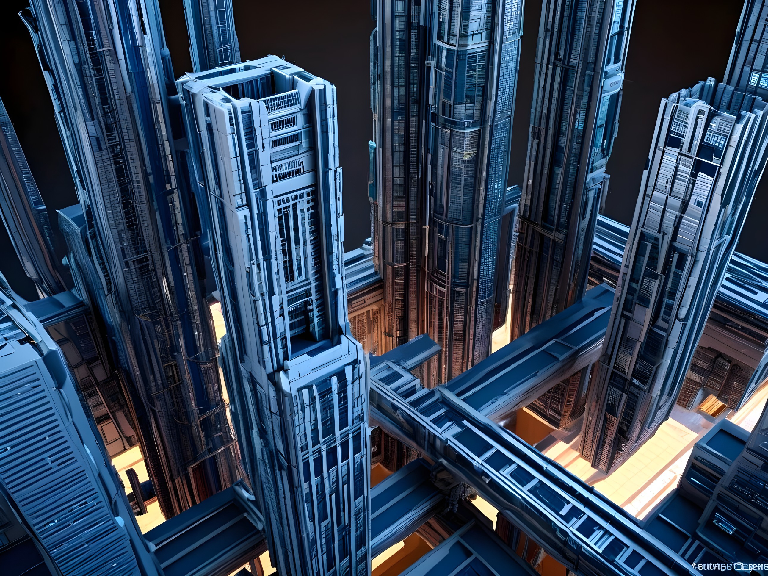 Futuristic cityscape with metallic geometric structures