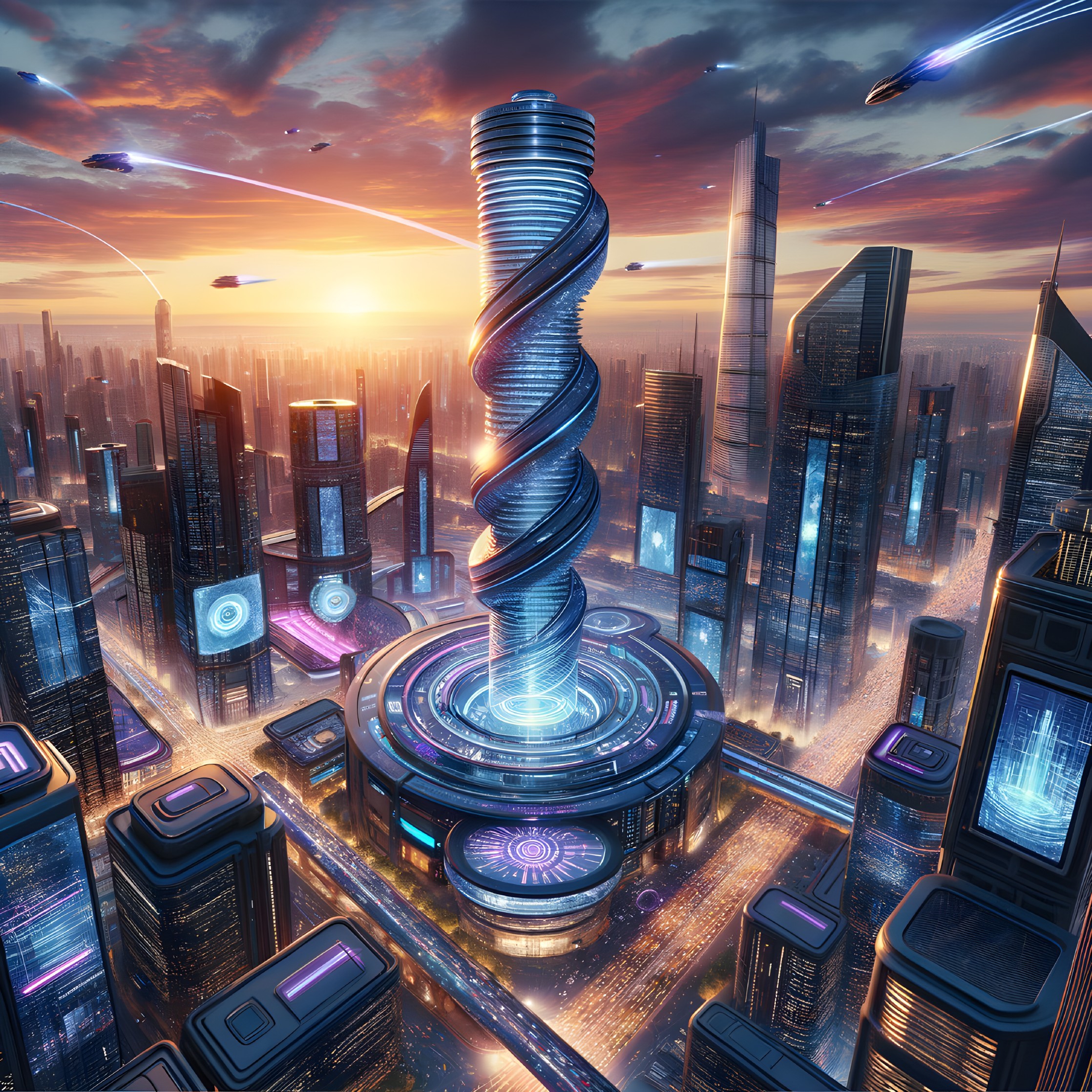 Futuristic cityscape with neon lights at sunset