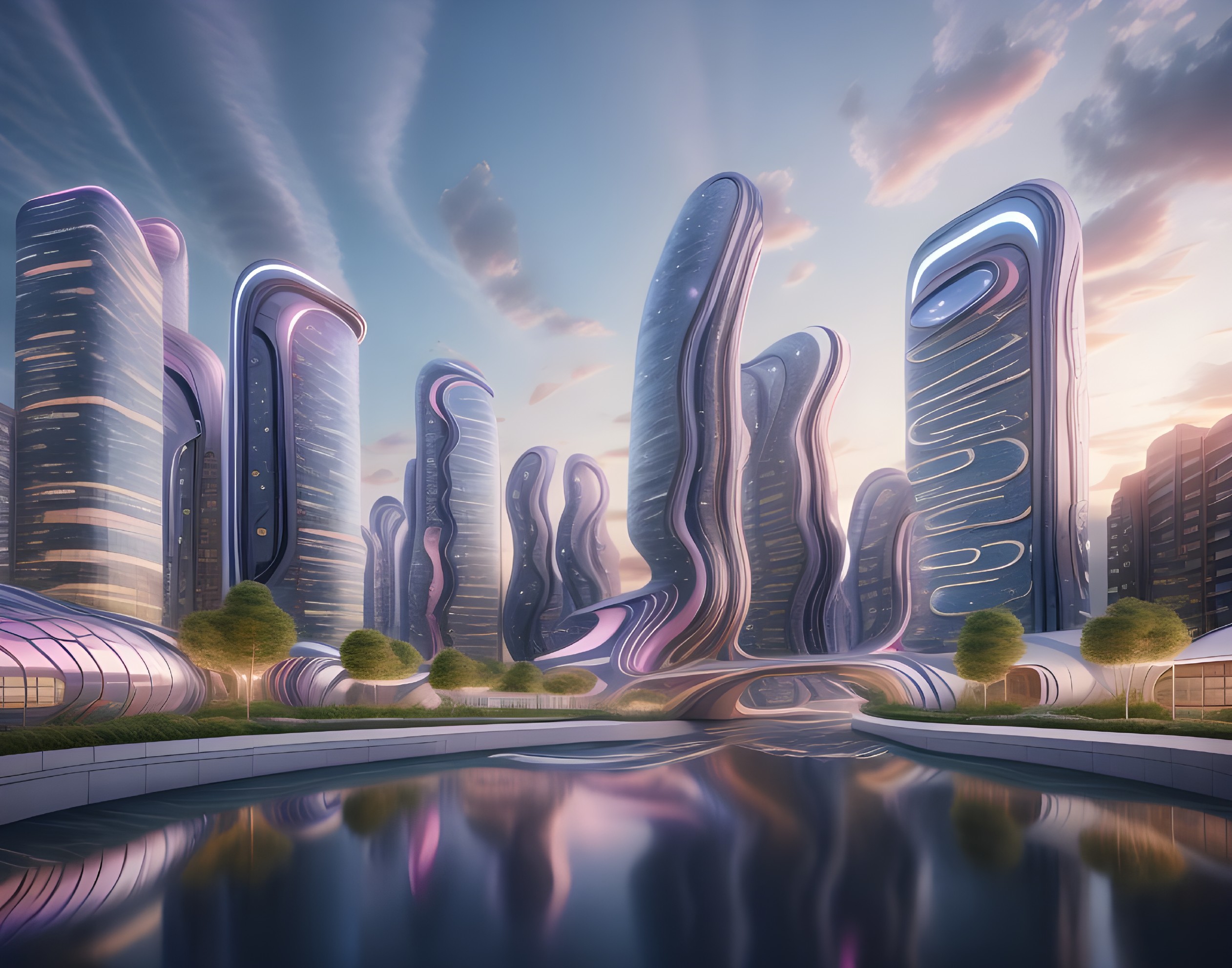 Futuristic cityscape with curvilinear skyscrapers and river