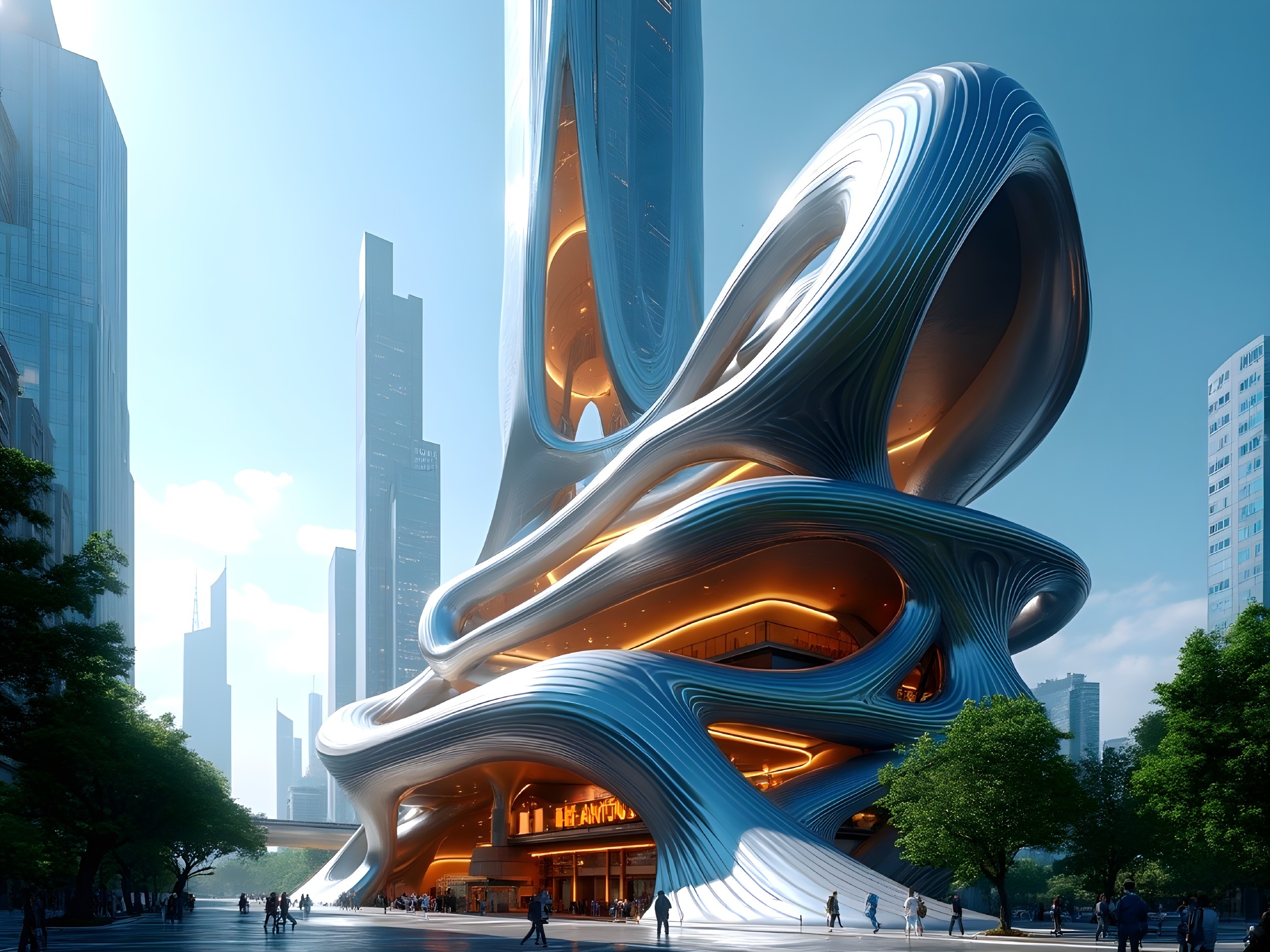 Futuristic Building with Fluid Design and Glossy Exterior