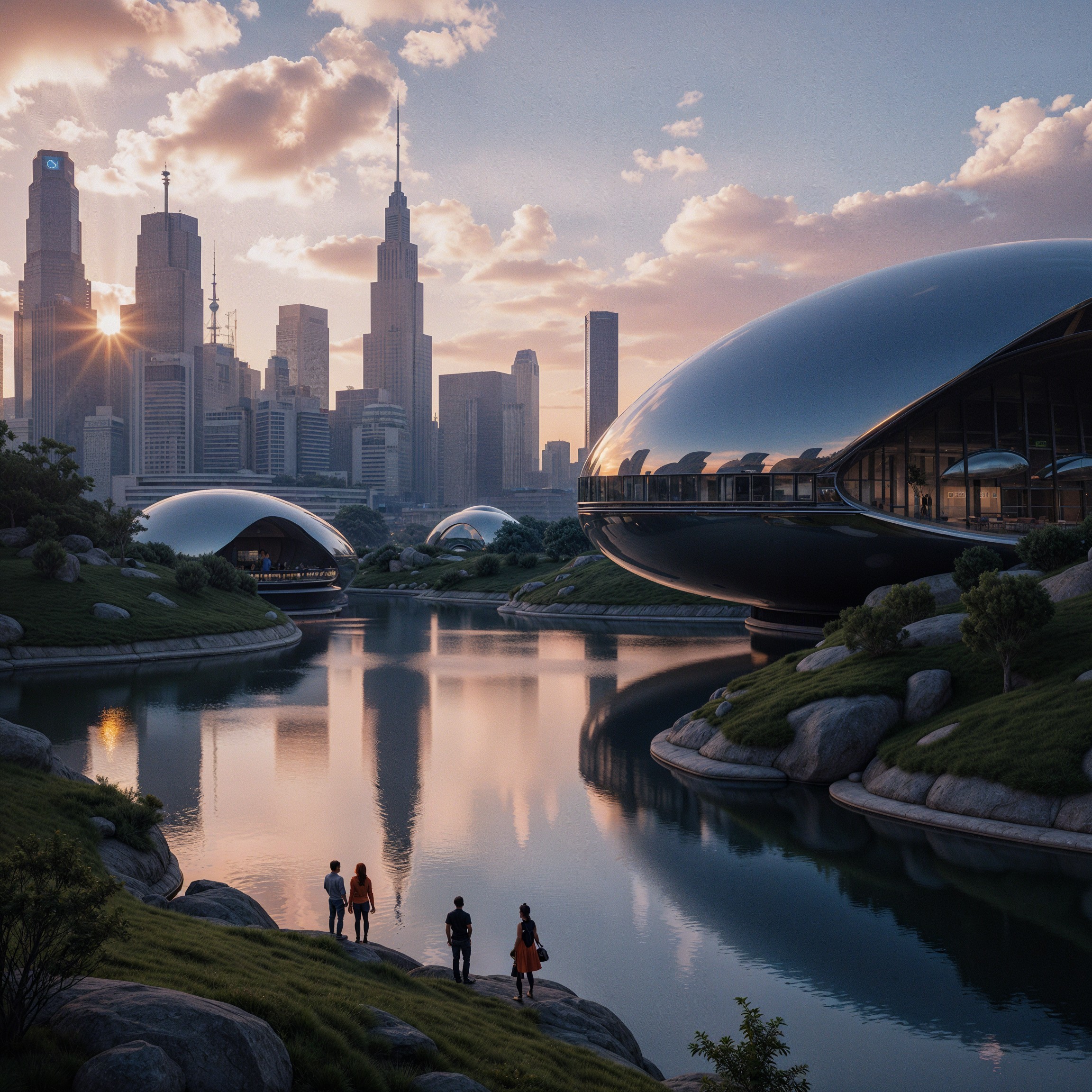 Futuristic Cityscape with Oval Buildings and River View