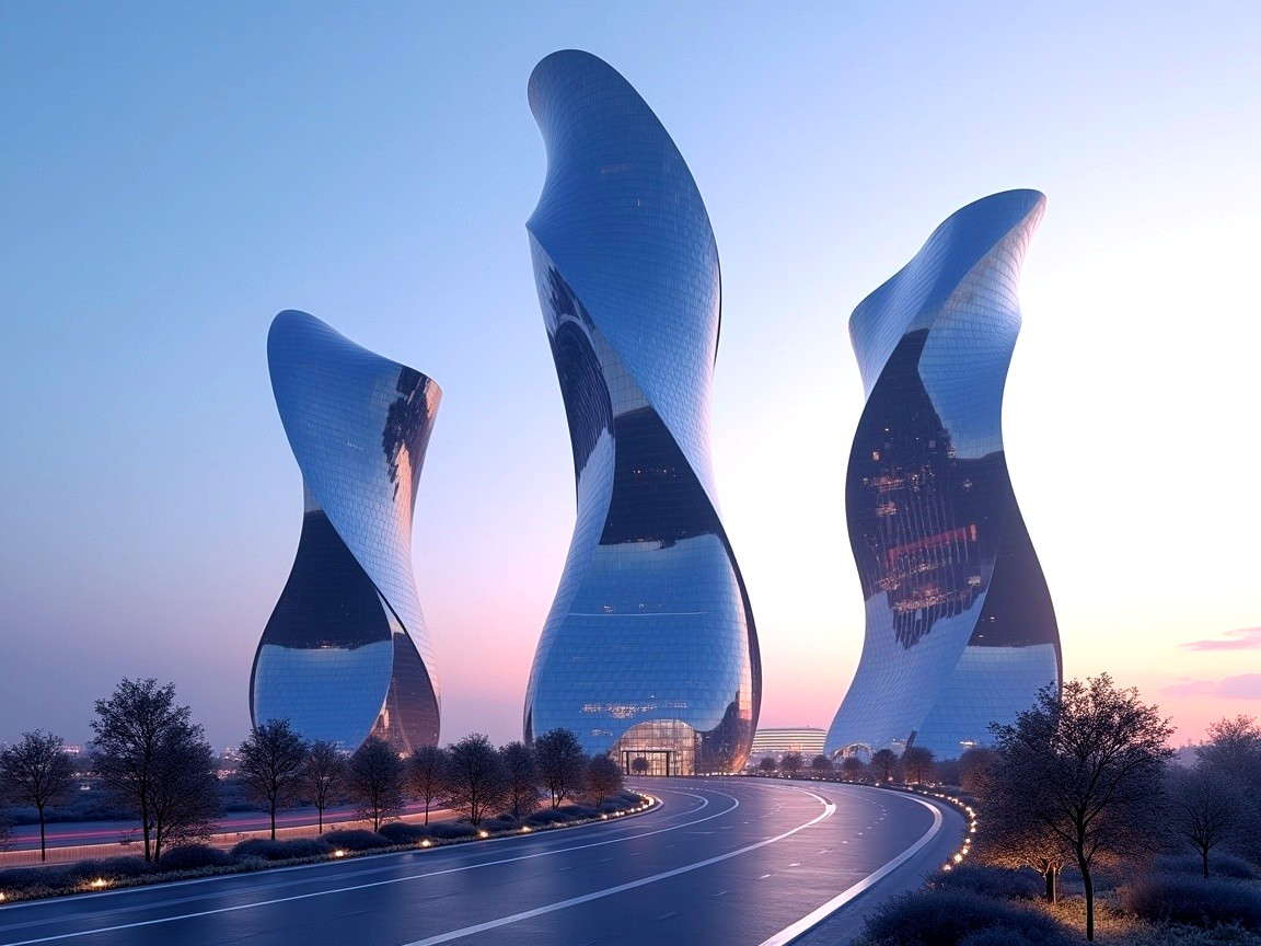 Modern Twisting Skyscrapers Against Twilight Sky