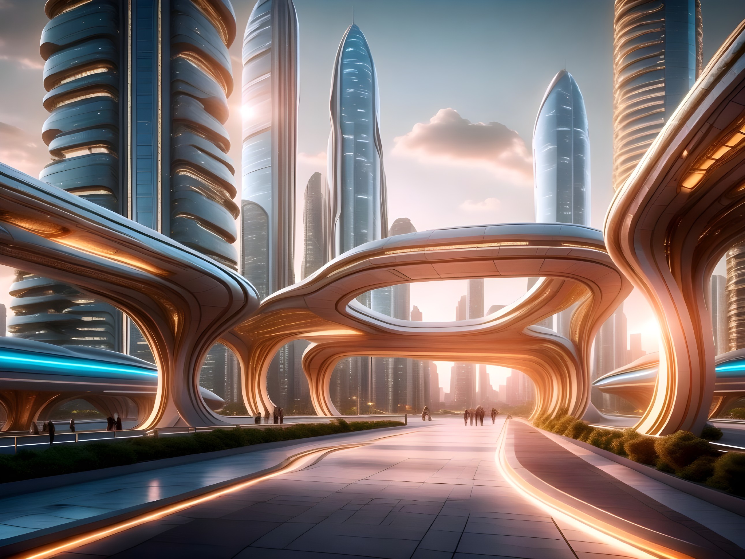 Futuristic cityscape with sleek skyscrapers and walkways