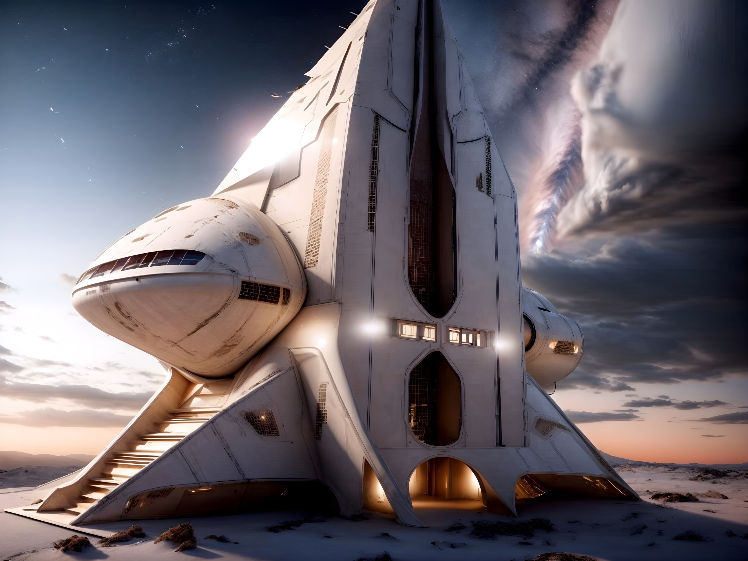 Futuristic structure in surreal desert landscape