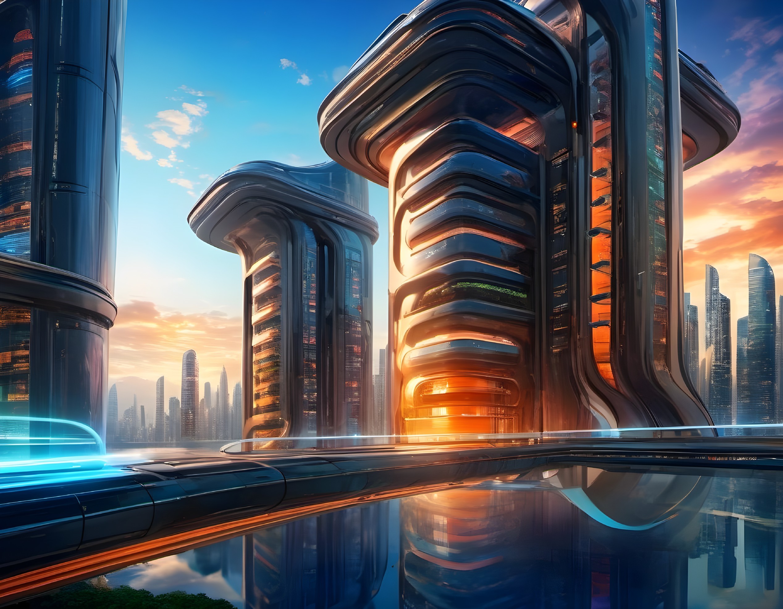 Futuristic cityscape with metallic buildings and water