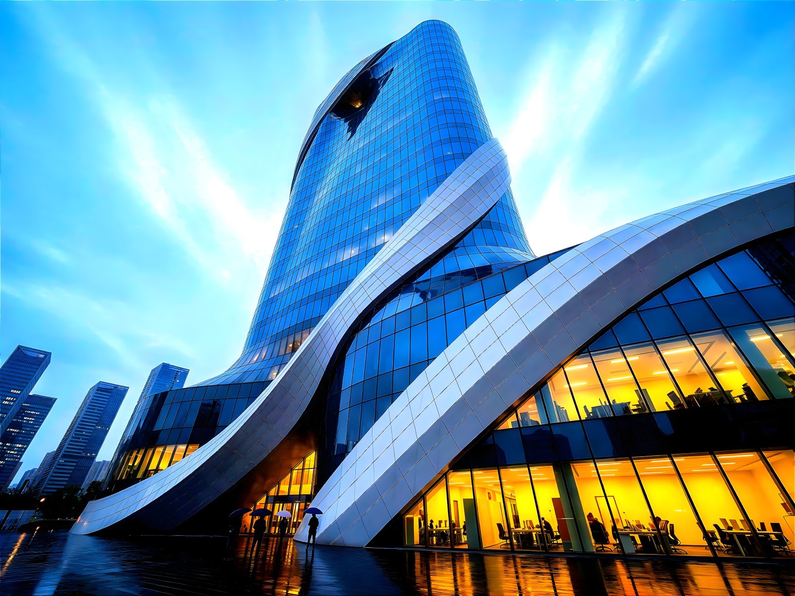 Modern Glass Office Building Architecture at Dusk