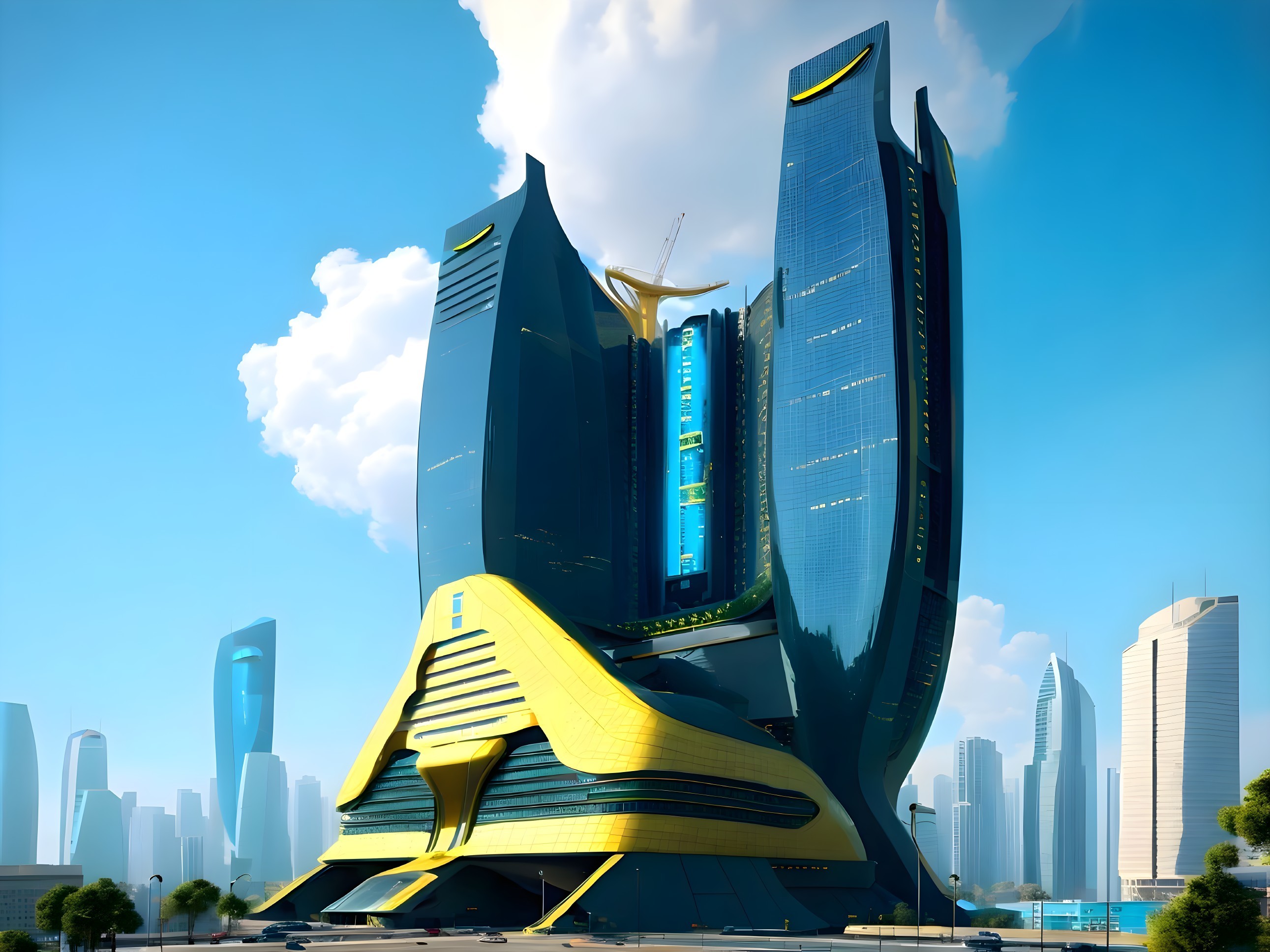 Futuristic Skyscraper with Metallic Facade and Yellow Accents