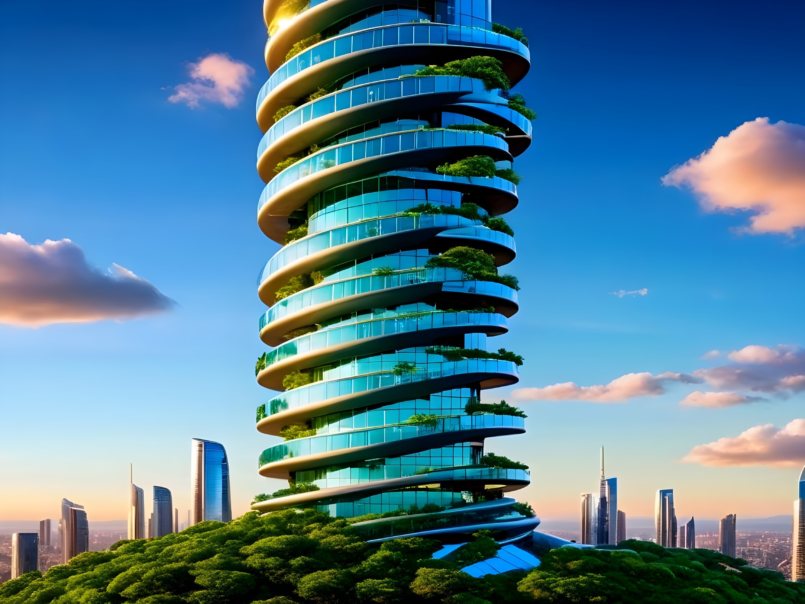 Twisting Skyscraper Surrounded by Greenery and Sky
