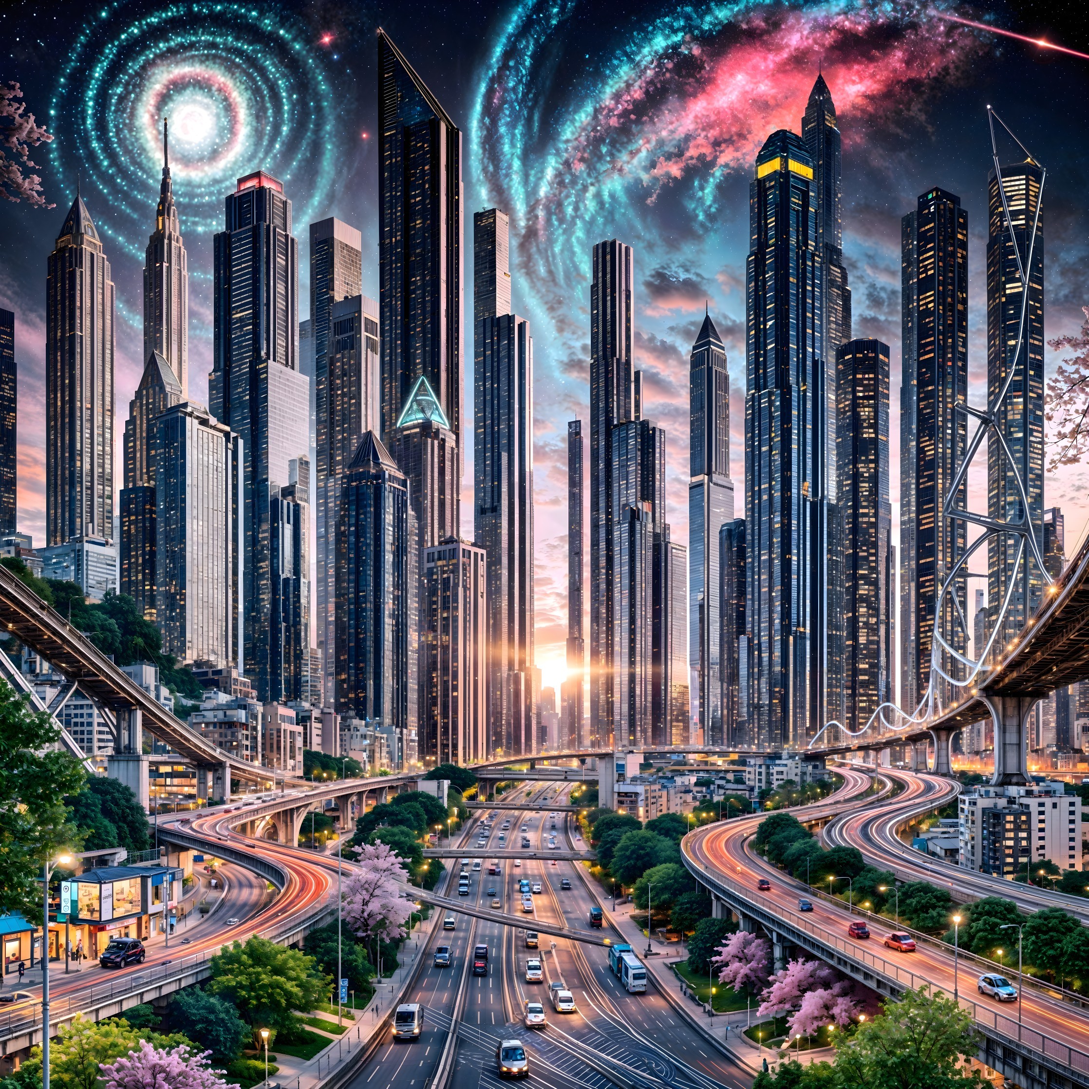 Futuristic cityscape with skyscrapers and cosmic backdrop
