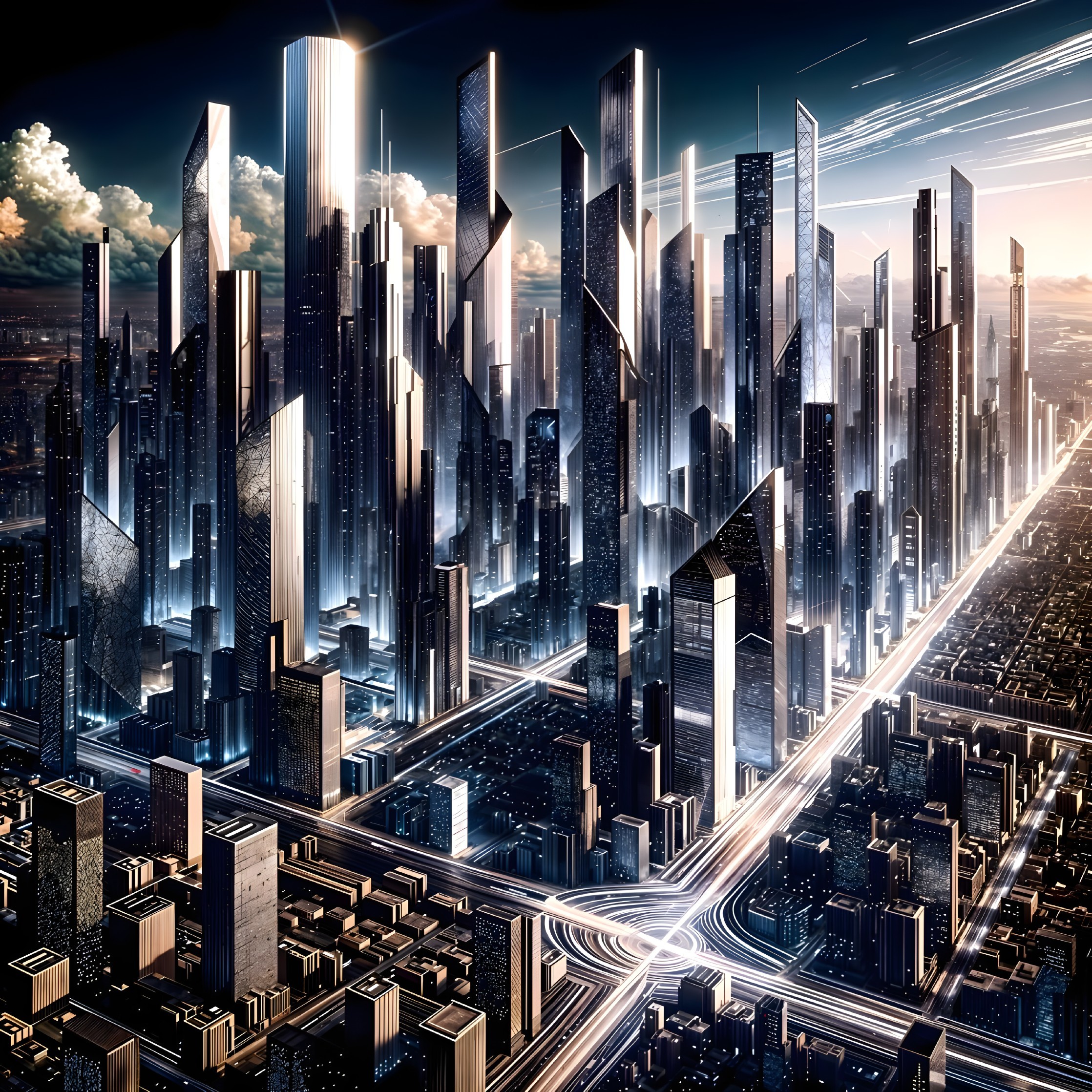 Futuristic cityscape at dusk with vibrant skyline