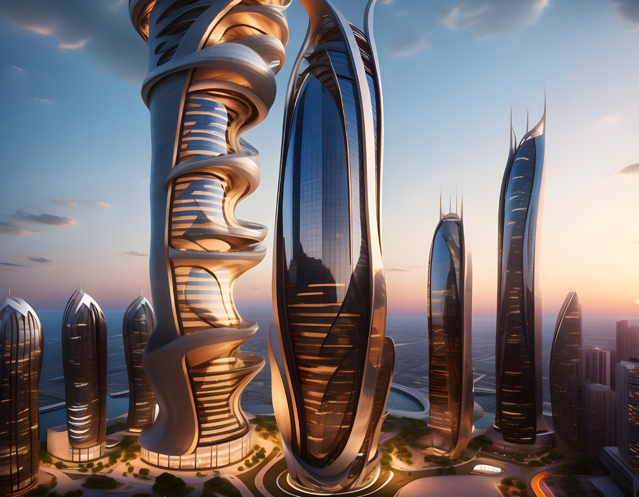 Futuristic Skyline with Unique Skyscraper Designs