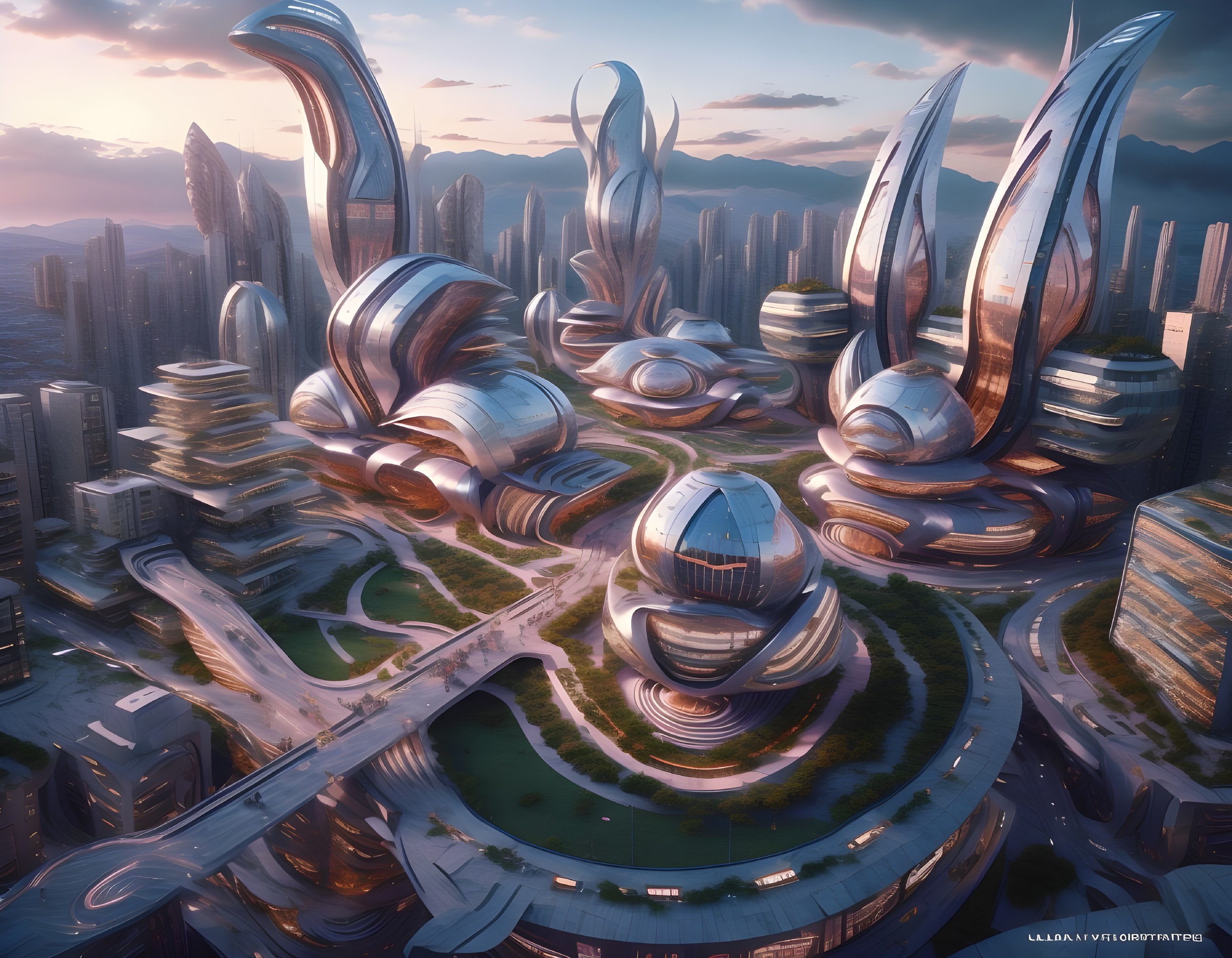 Futuristic cityscape with organic-shaped buildings