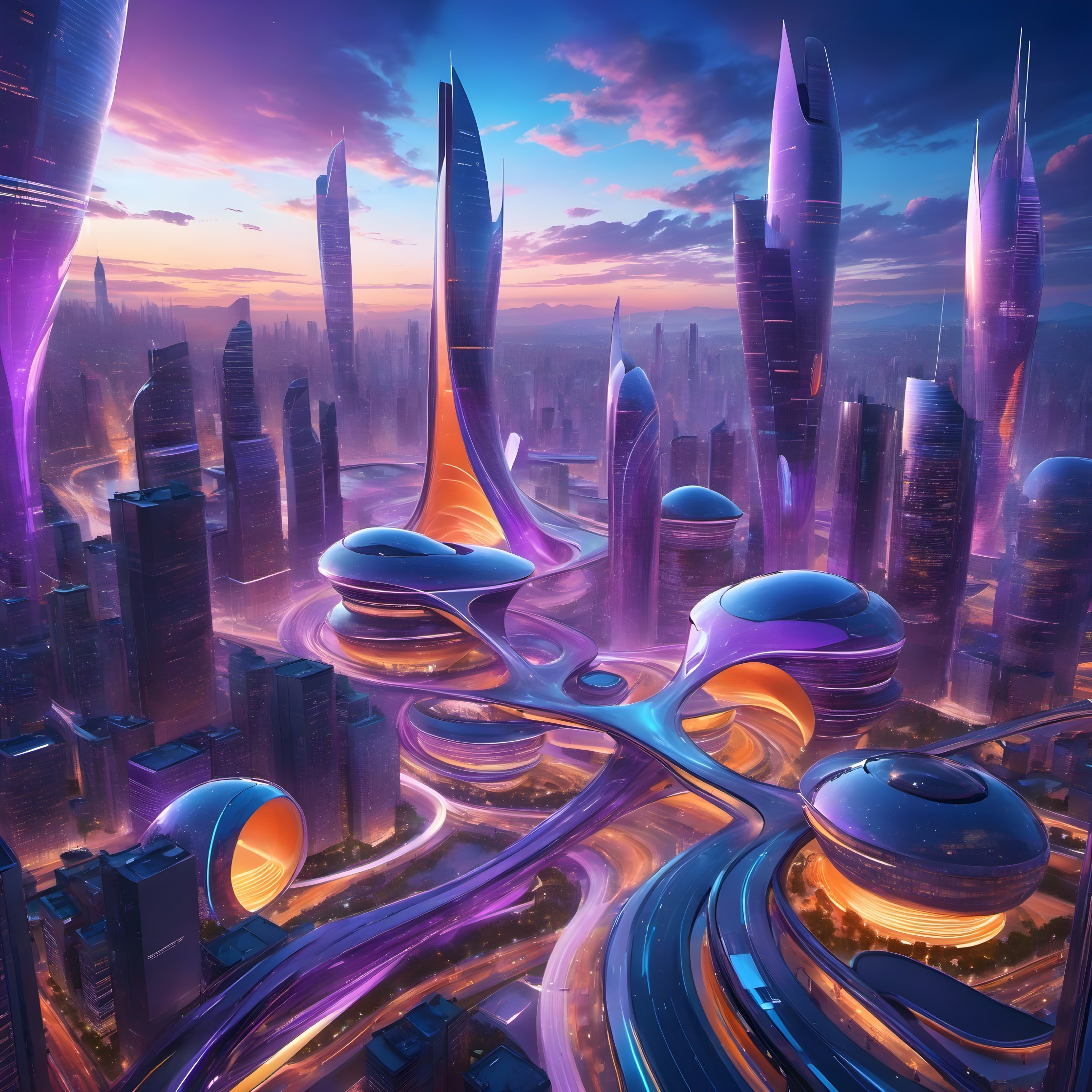 Futuristic Cityscape at Dusk with Vibrant Colors